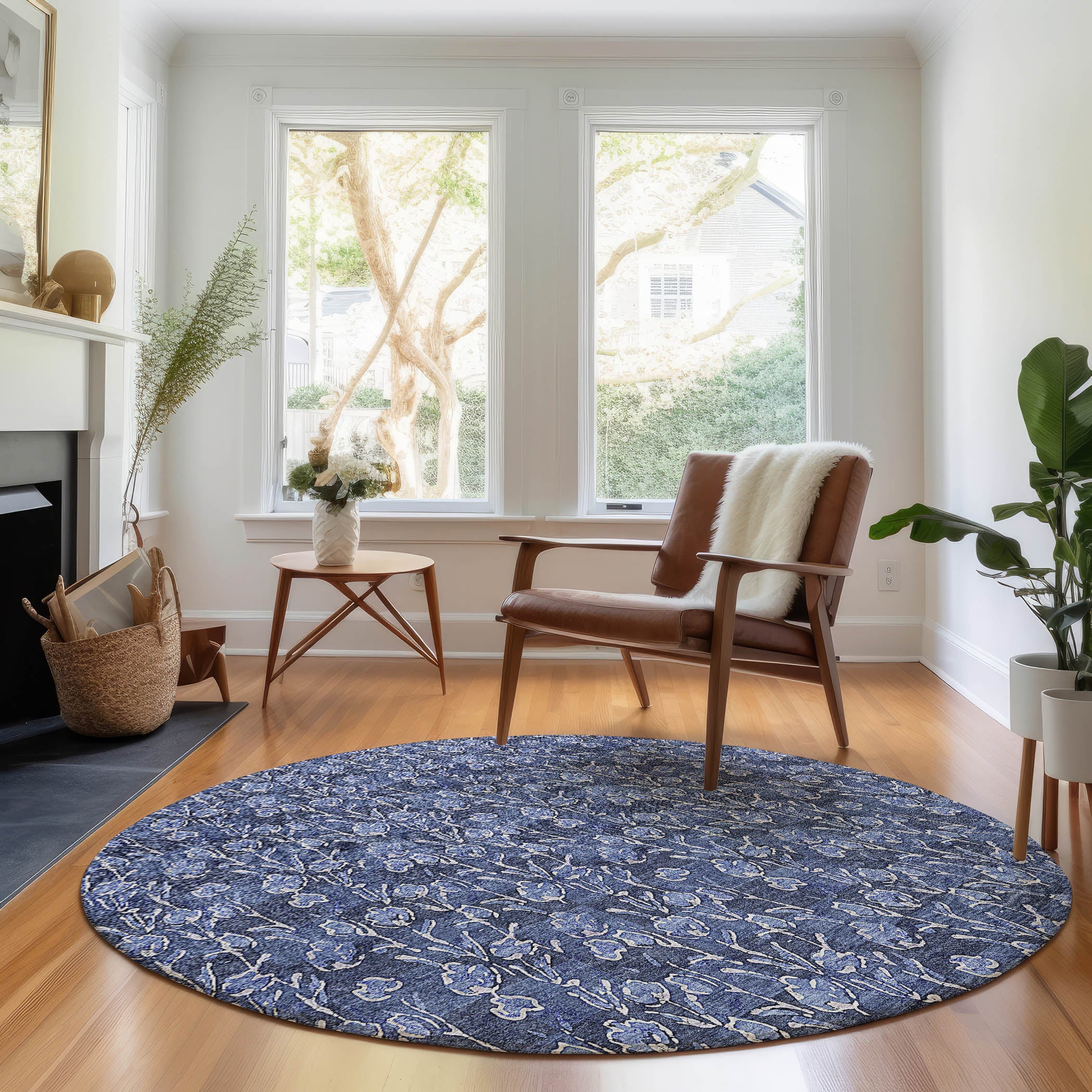 Kyoto Machine Washable Transitional Navy Blue Rug 8' x 8' #shape_Round