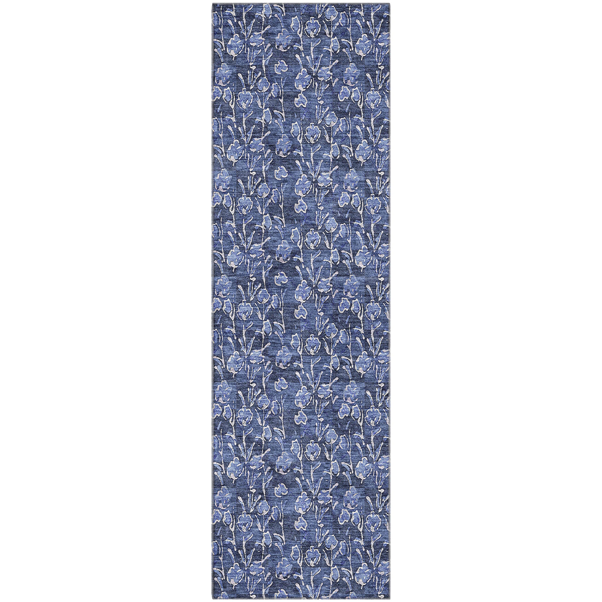 Kyoto Machine Washable Transitional Navy Blue Rug 2'3" x 7'6" #shape_Runner