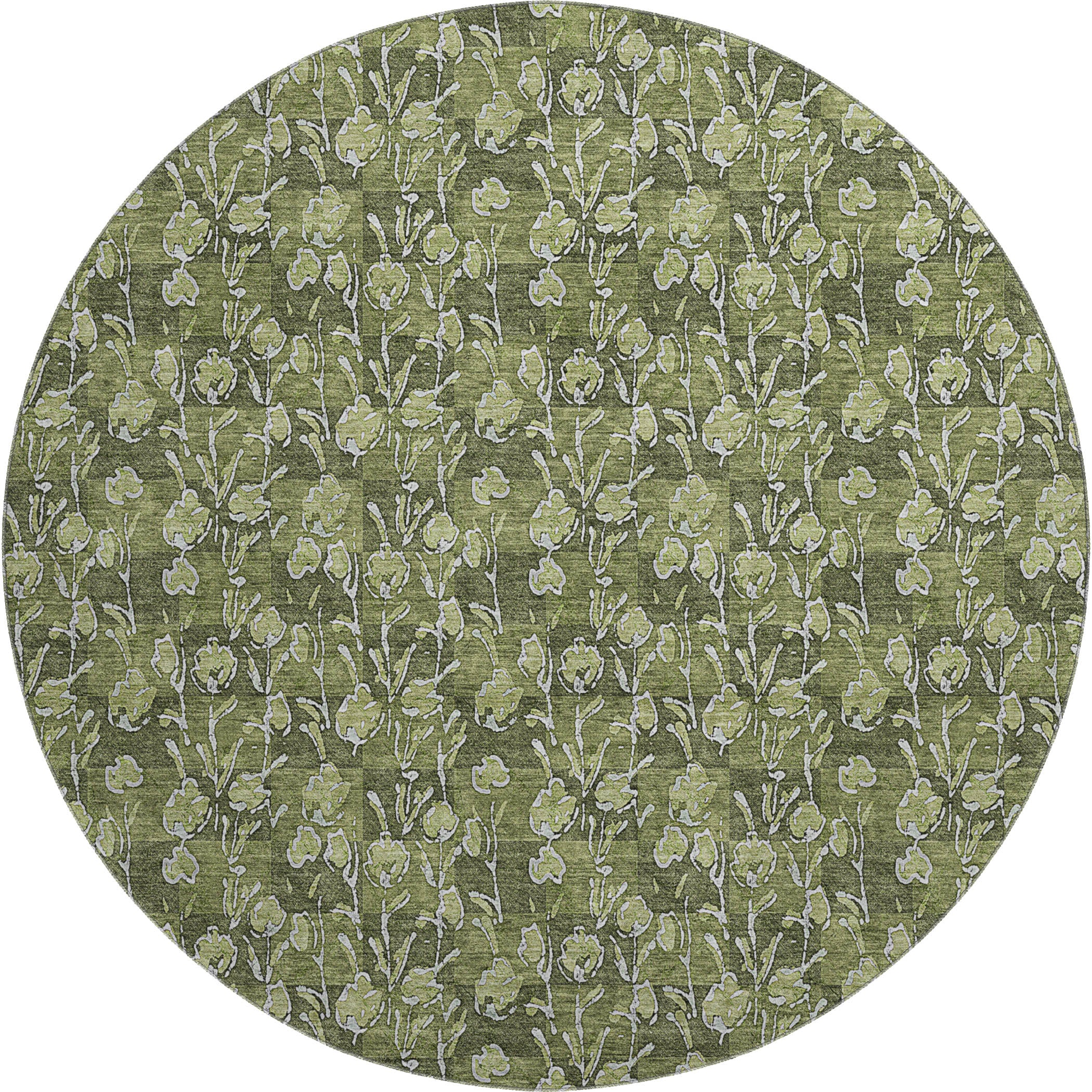 Kyoto Machine Washable Transitional Olive Green Rug 8' x 8' #shape_Round