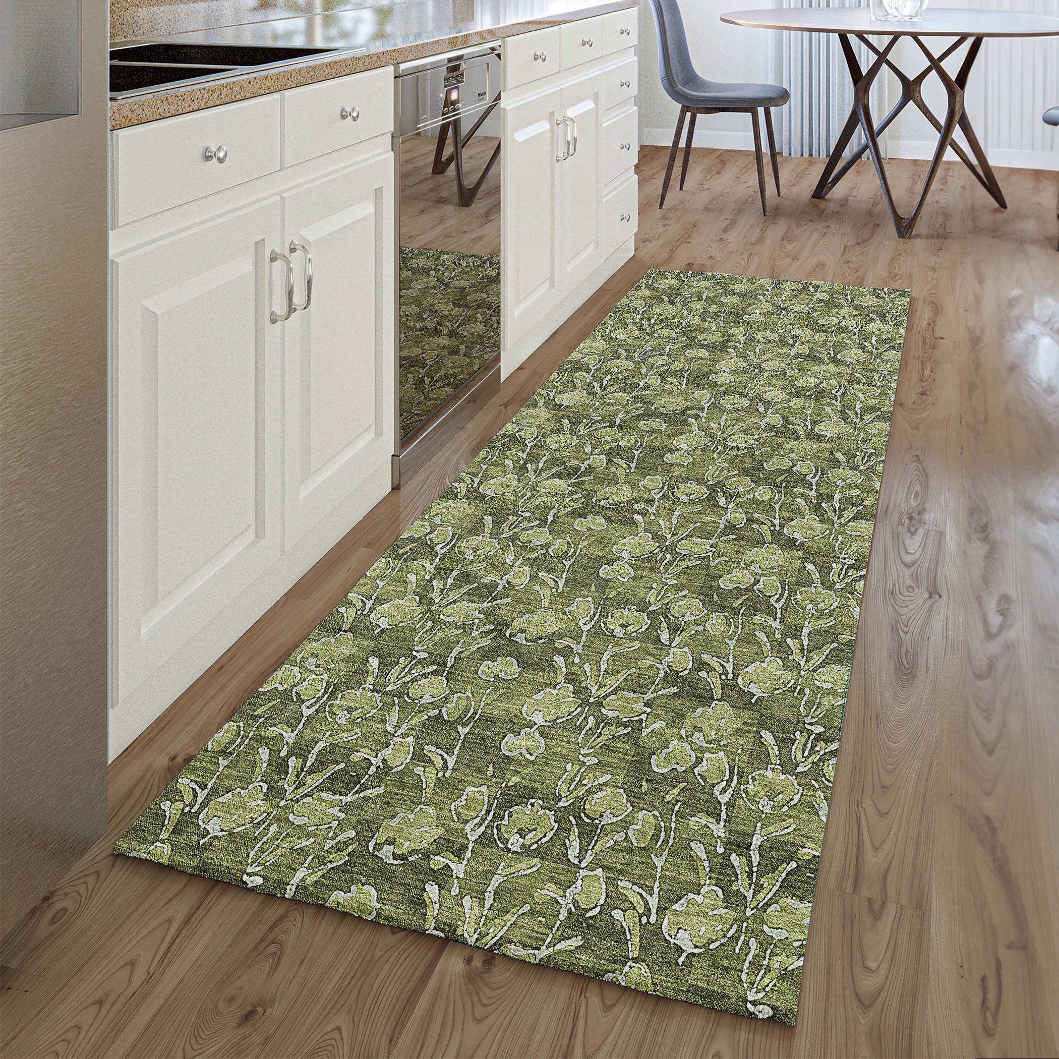Kyoto Machine Washable Transitional Olive Green Rug 2'3" x 7'6" #shape_Runner