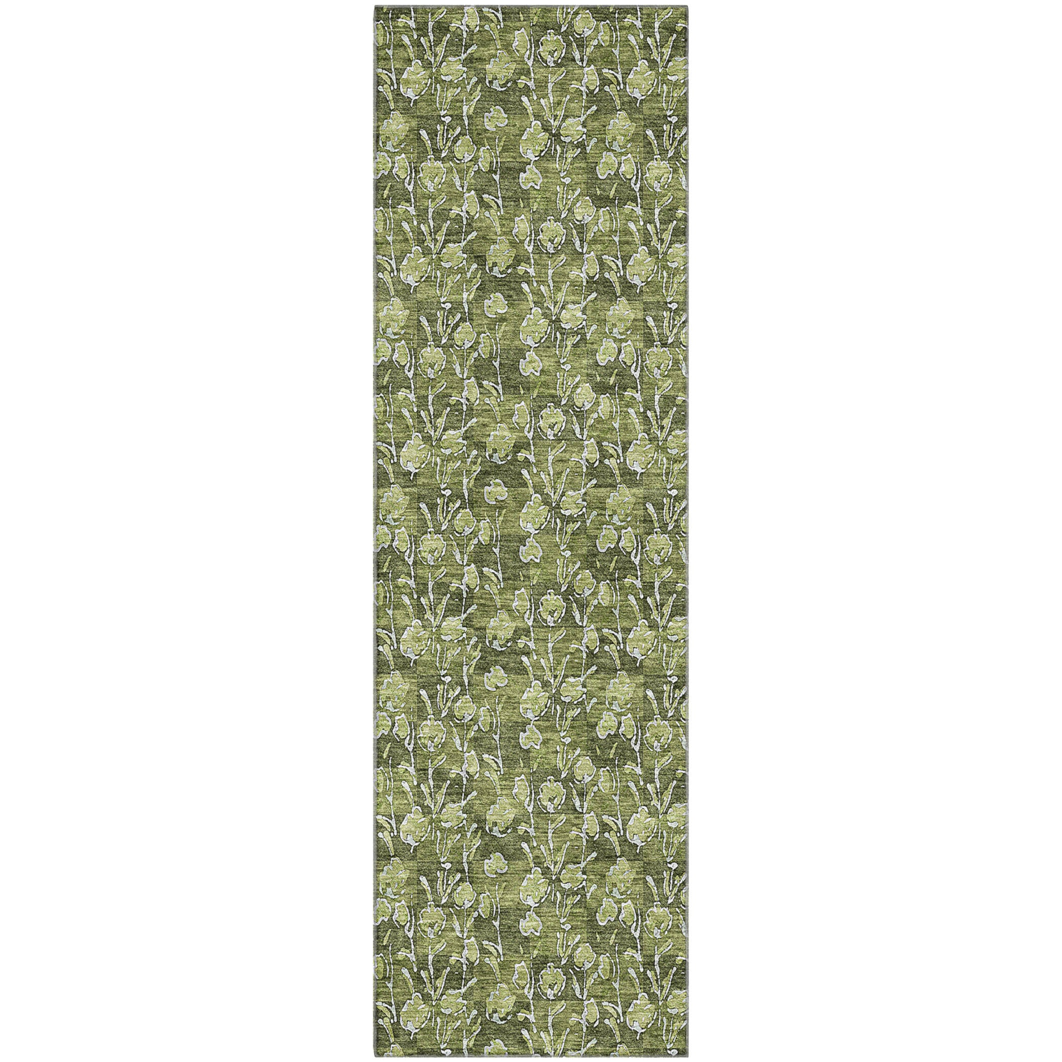 Kyoto Machine Washable Transitional Olive Green Rug 2'3" x 7'6" #shape_Runner