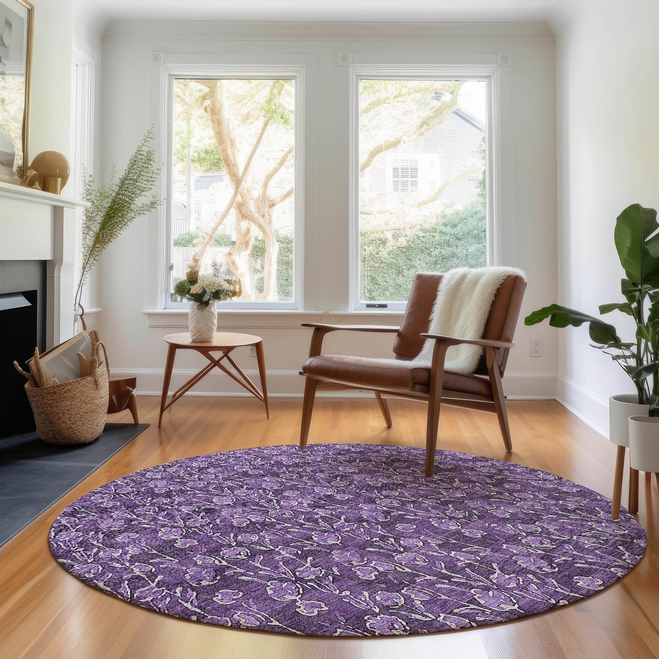 Kyoto Machine Washable Transitional Purple Rug 8' x 8' #shape_Round