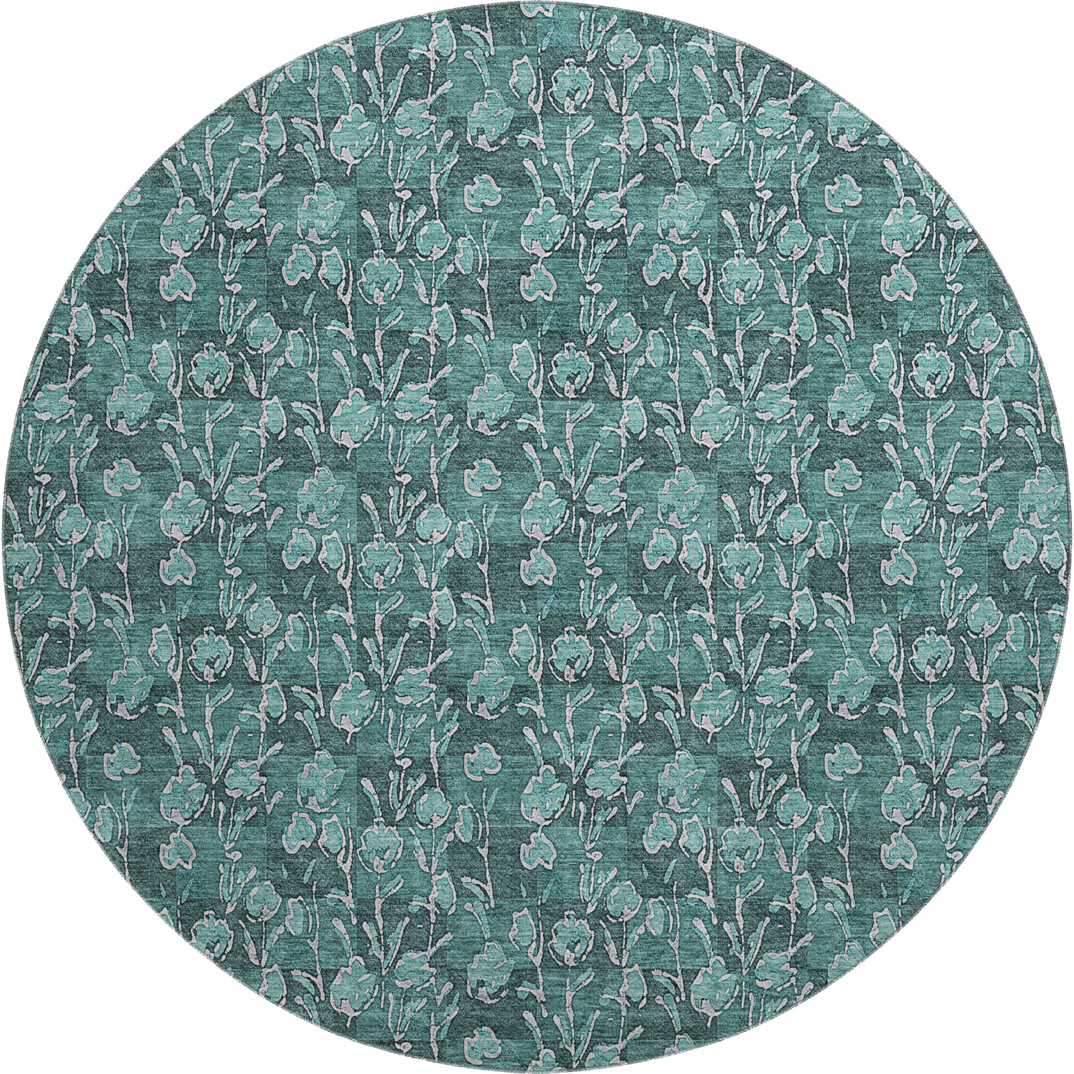 Kyoto Machine Washable Transitional Teal Rug 8' x 8' #shape_Round