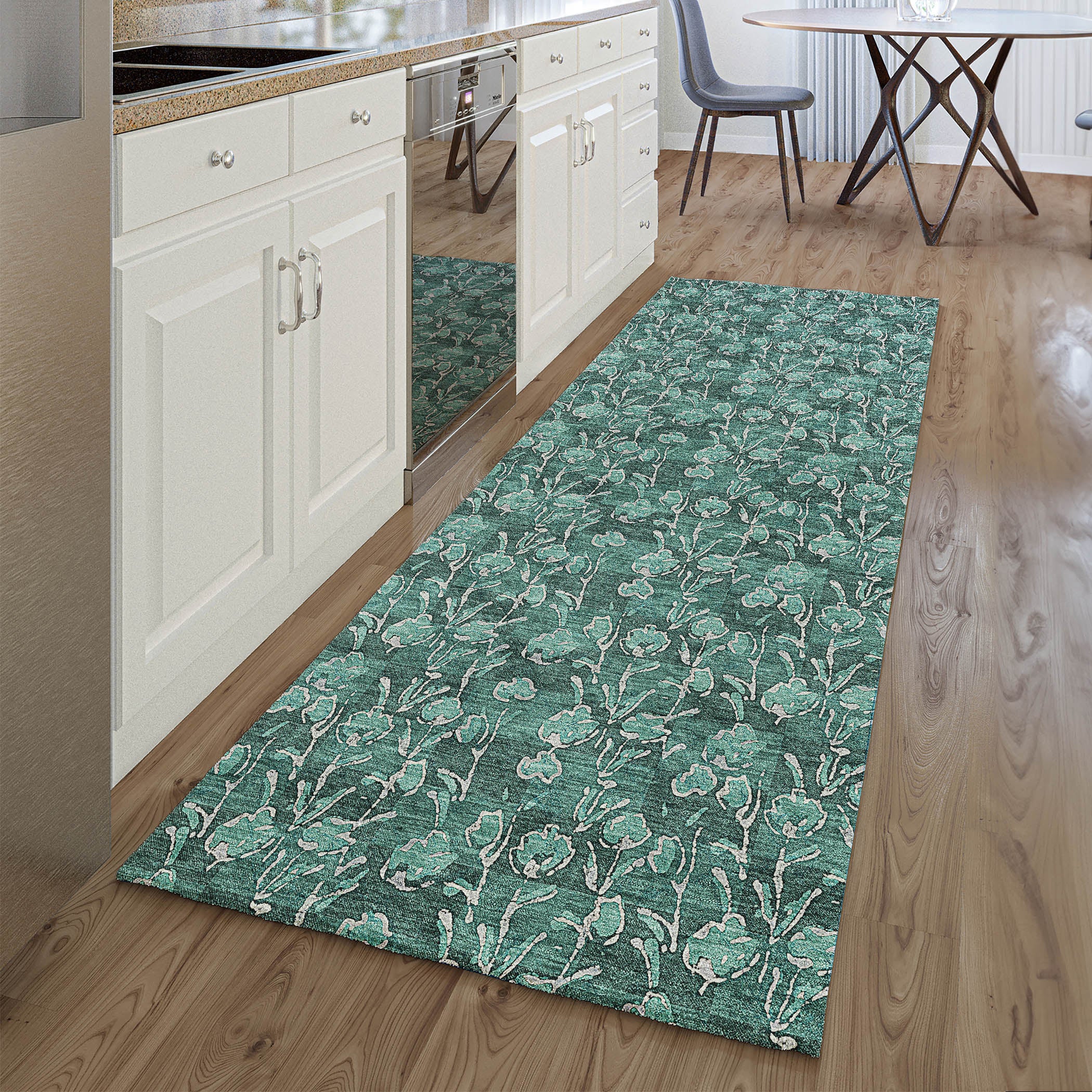 Kyoto Machine Washable Transitional Teal Rug 2'3" x 7'6" #shape_Runner