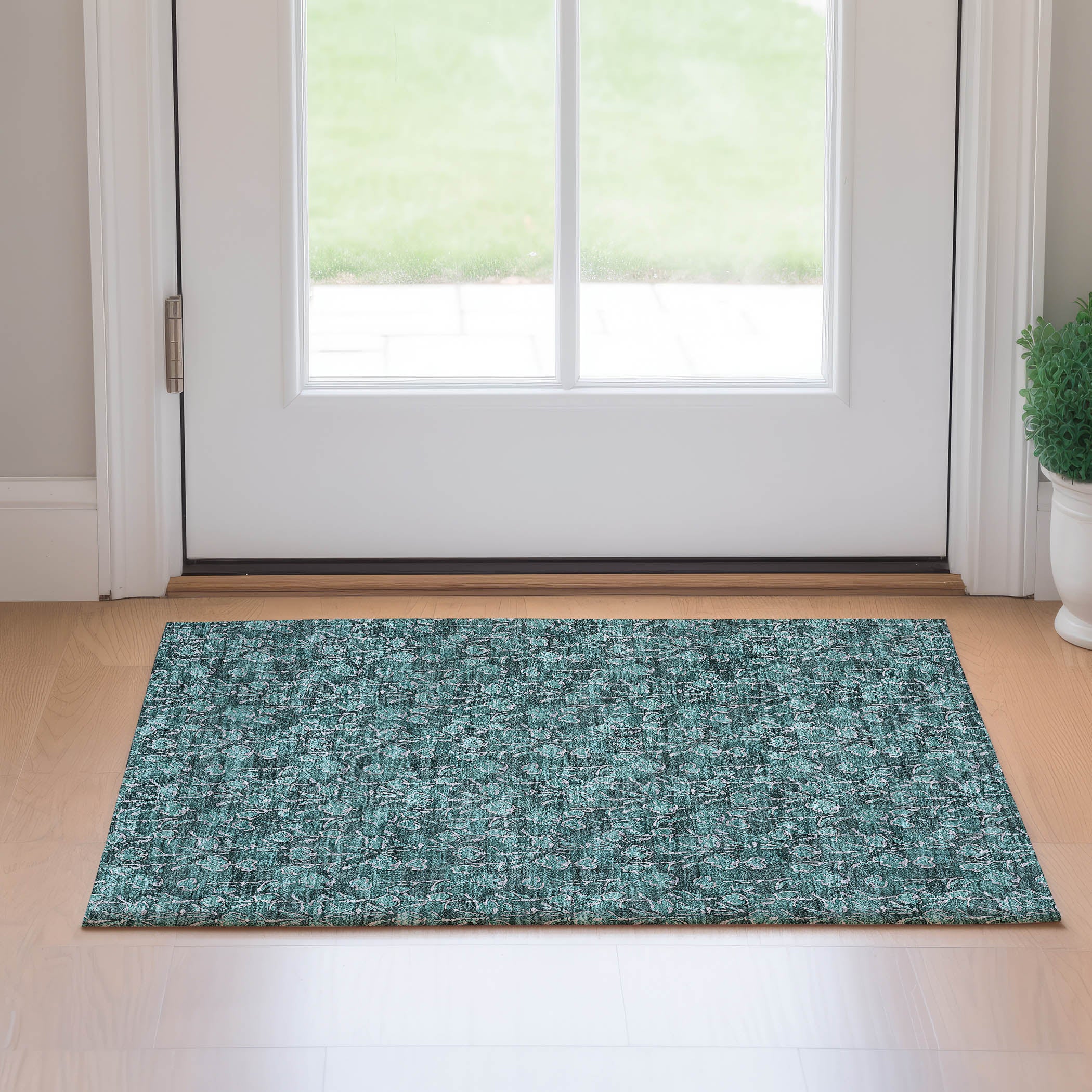 Kyoto Machine Washable Transitional Teal Rug 1'8" x 2'6" #shape_Rectangle