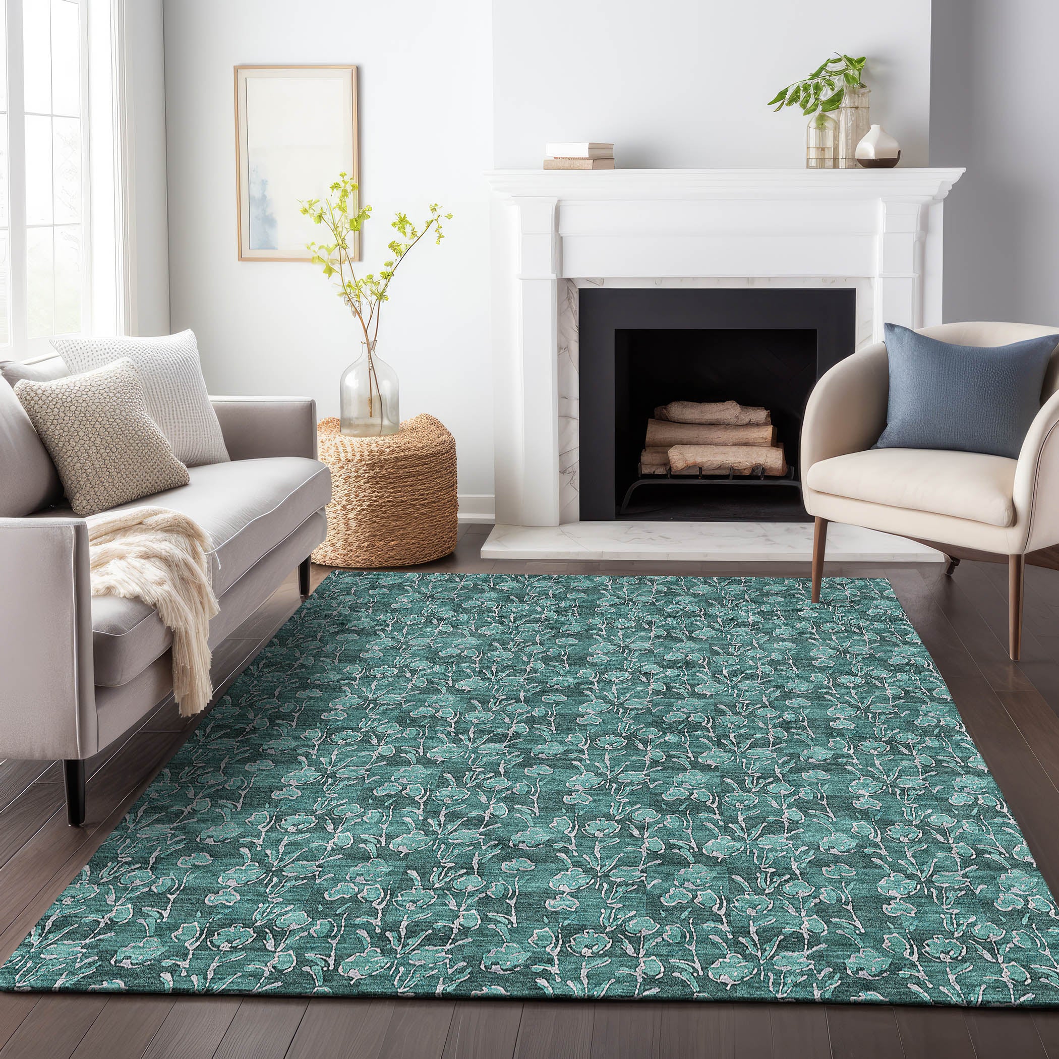 Kyoto Machine Washable Transitional Teal Rug 2'6" x 3'10" #shape_Rectangle