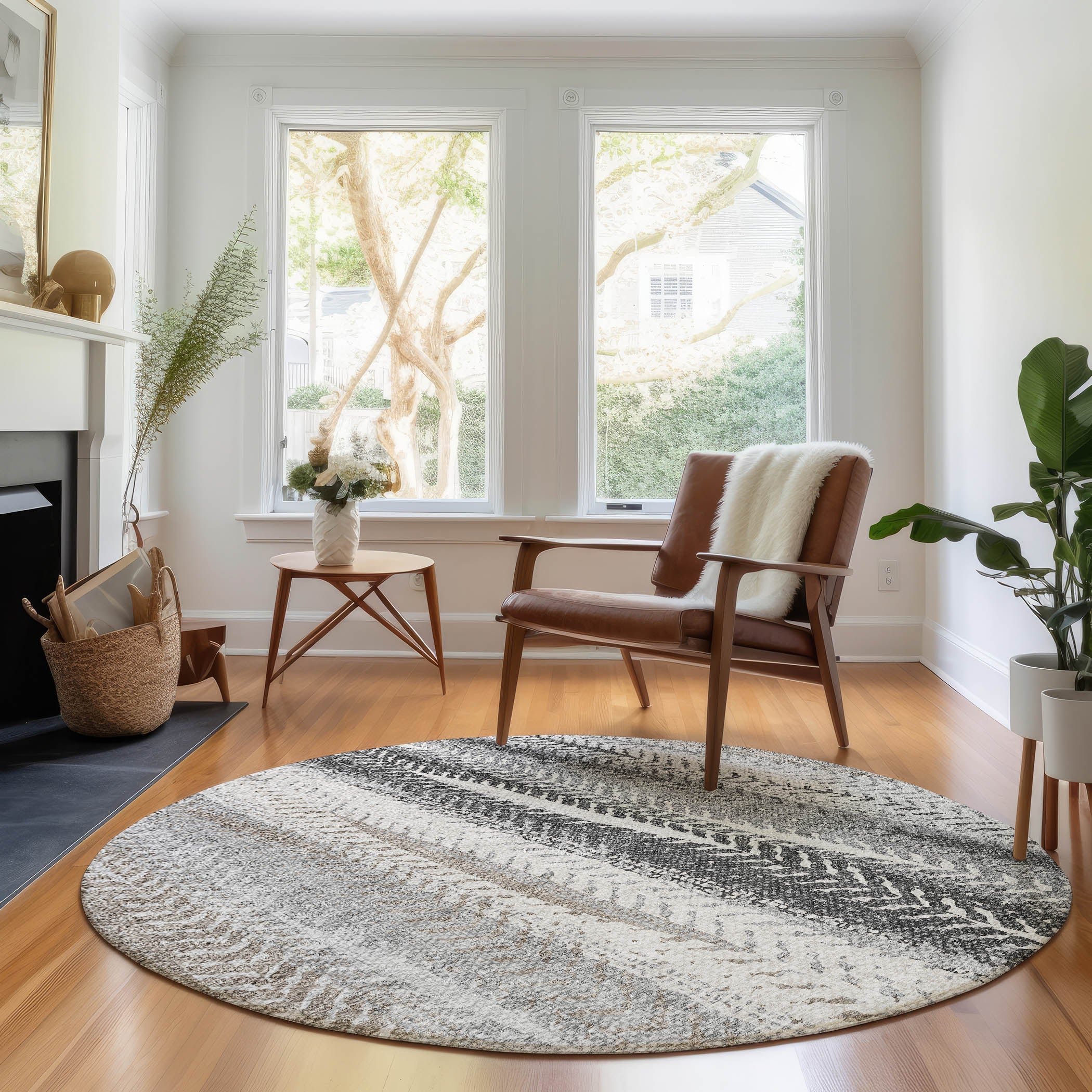 Havana Machine Washable Transitional Khaki Brown Rug 8' x 8' #shape_Round