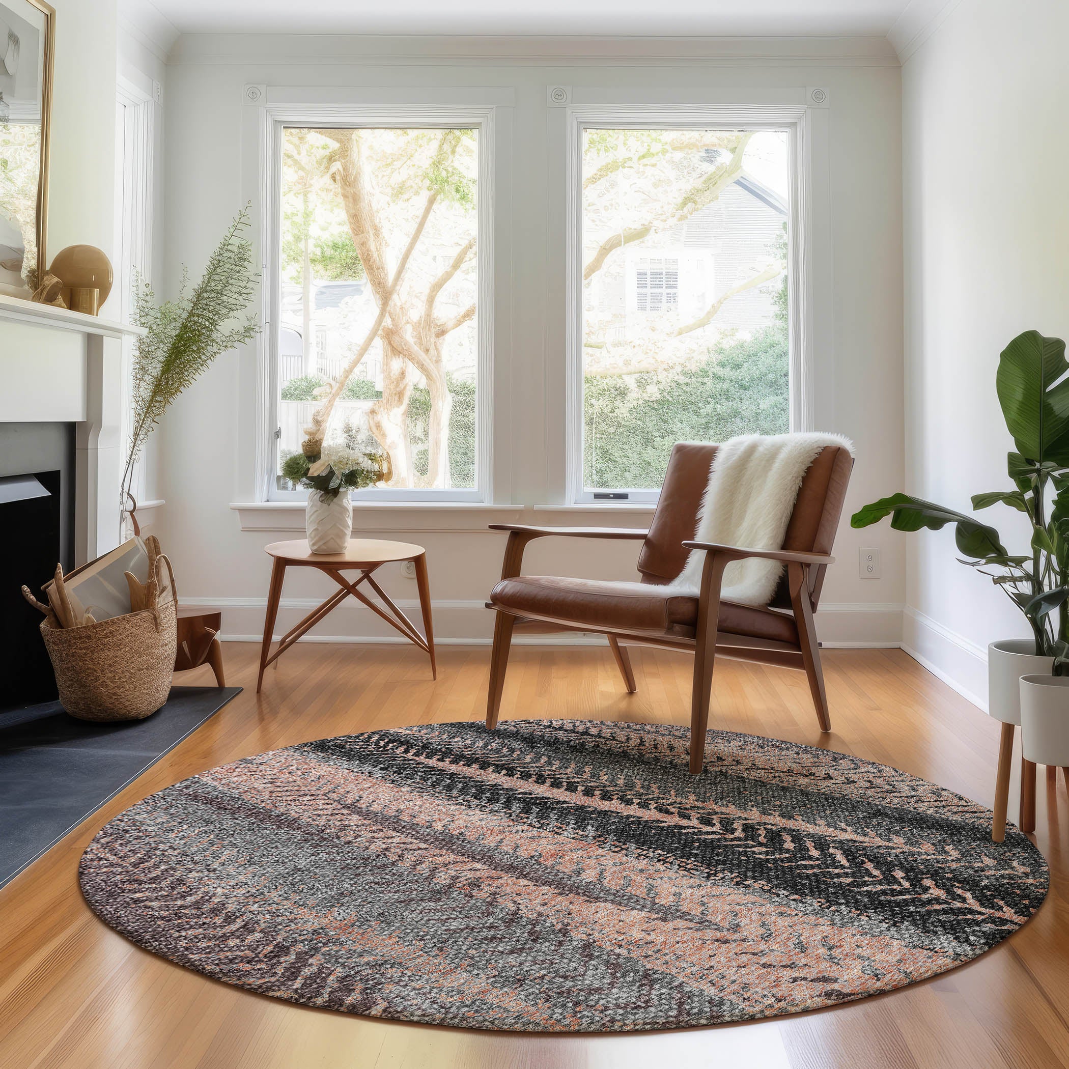Havana Machine Washable Transitional Terracotta Orange Rug 8' x 8' #shape_Round