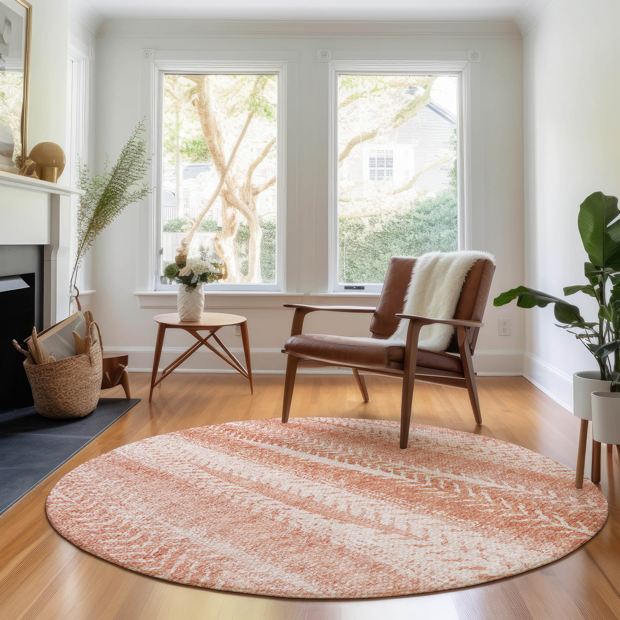 Dublin Machine Washable Transitional Coral Orange Rug 8' x 8' #shape_Round