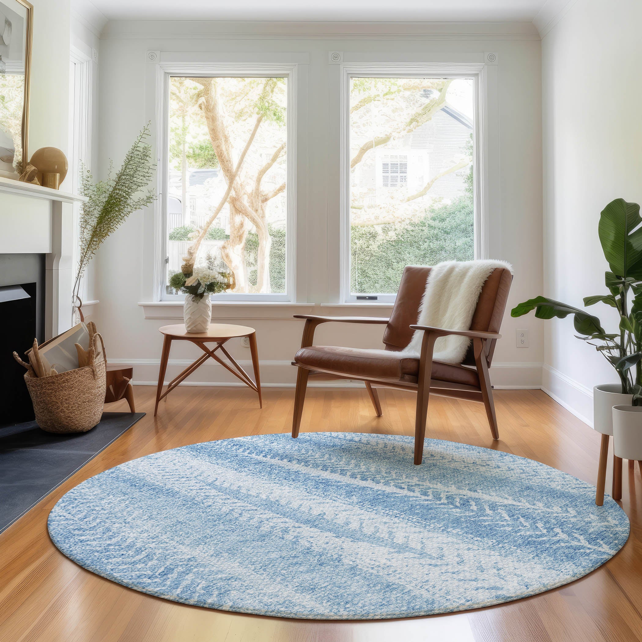 Dublin Machine Washable Transitional Sky Blue Rug 8' x 8' #shape_Round