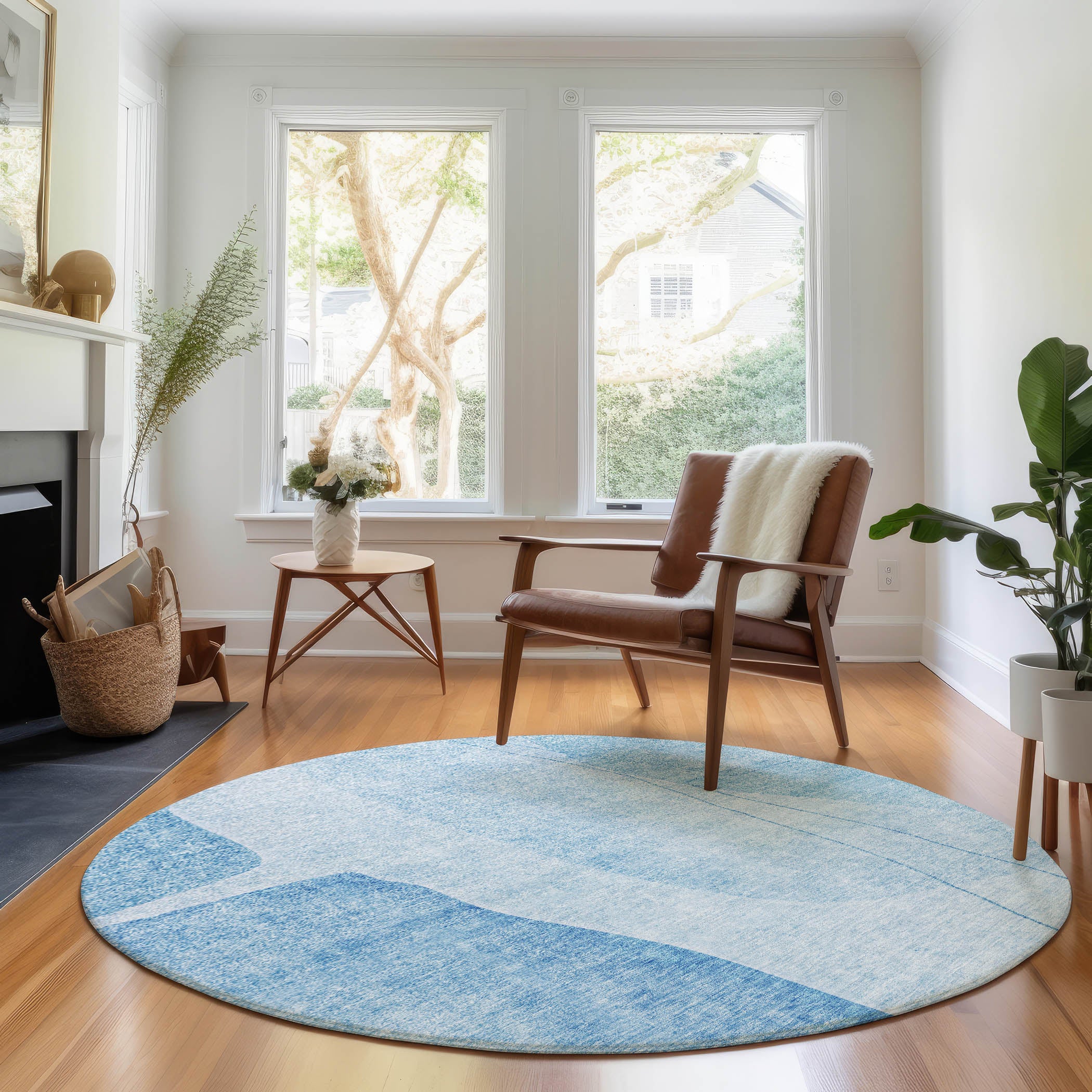 Oslo Machine Washable Transitional Blue Rug 8' x 8' #shape_Round