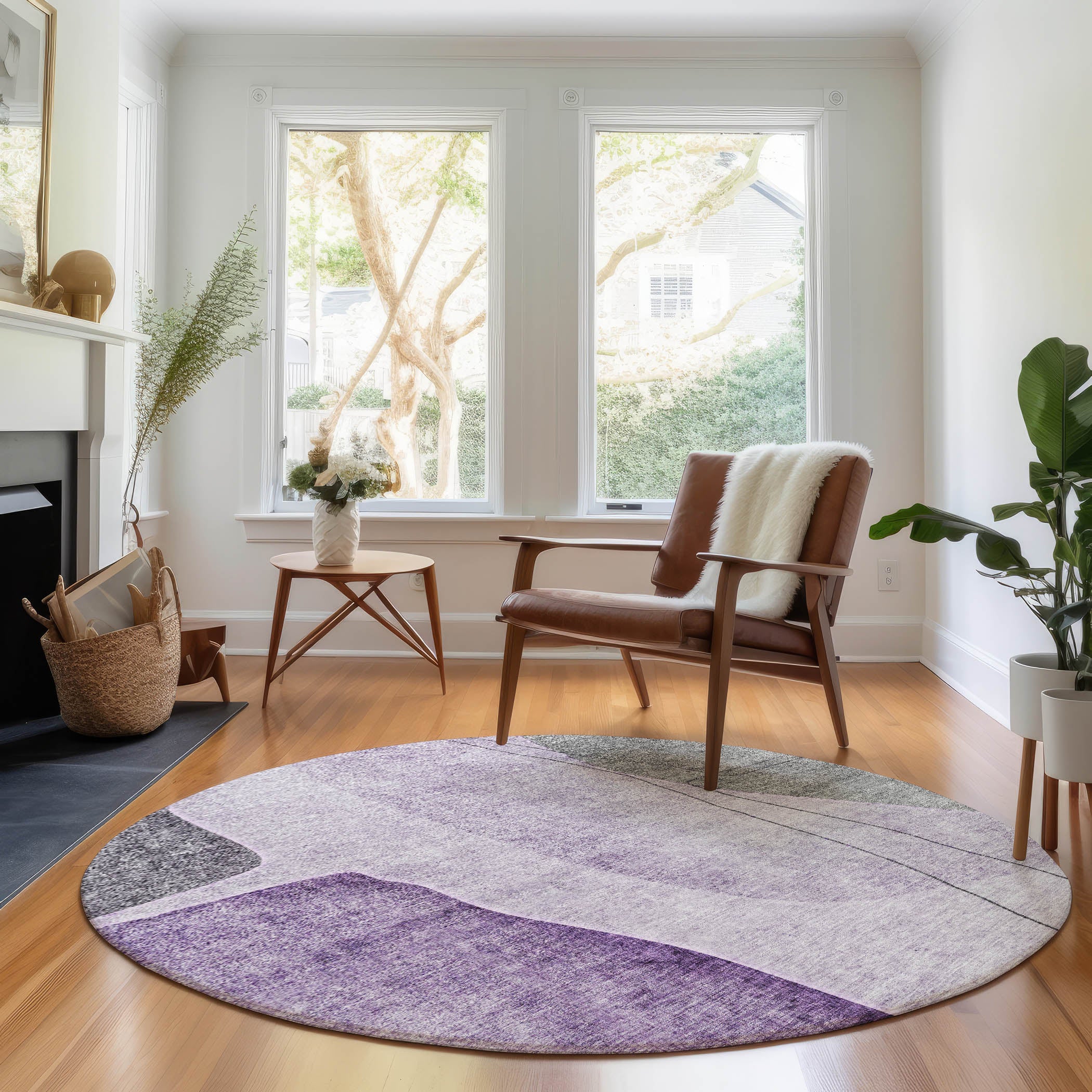 Oslo Machine Washable Transitional Purple Rug 8' x 8' #shape_Round