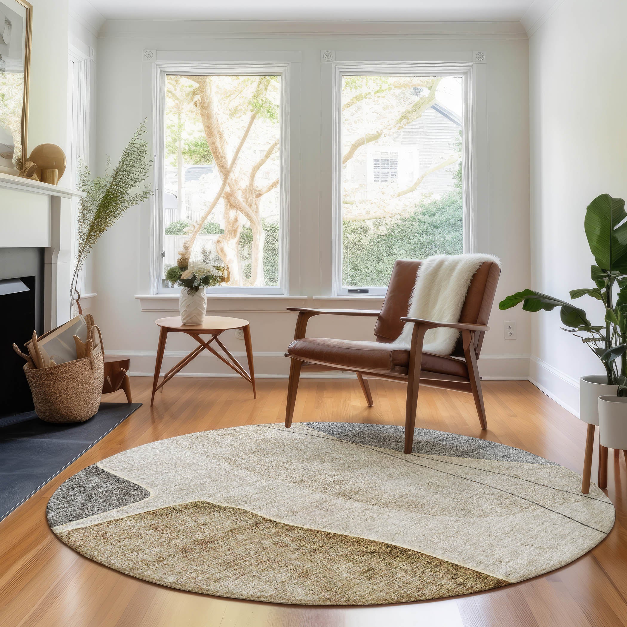 Oslo Machine Washable Transitional Taupe Brown Rug 8' x 8' #shape_Round