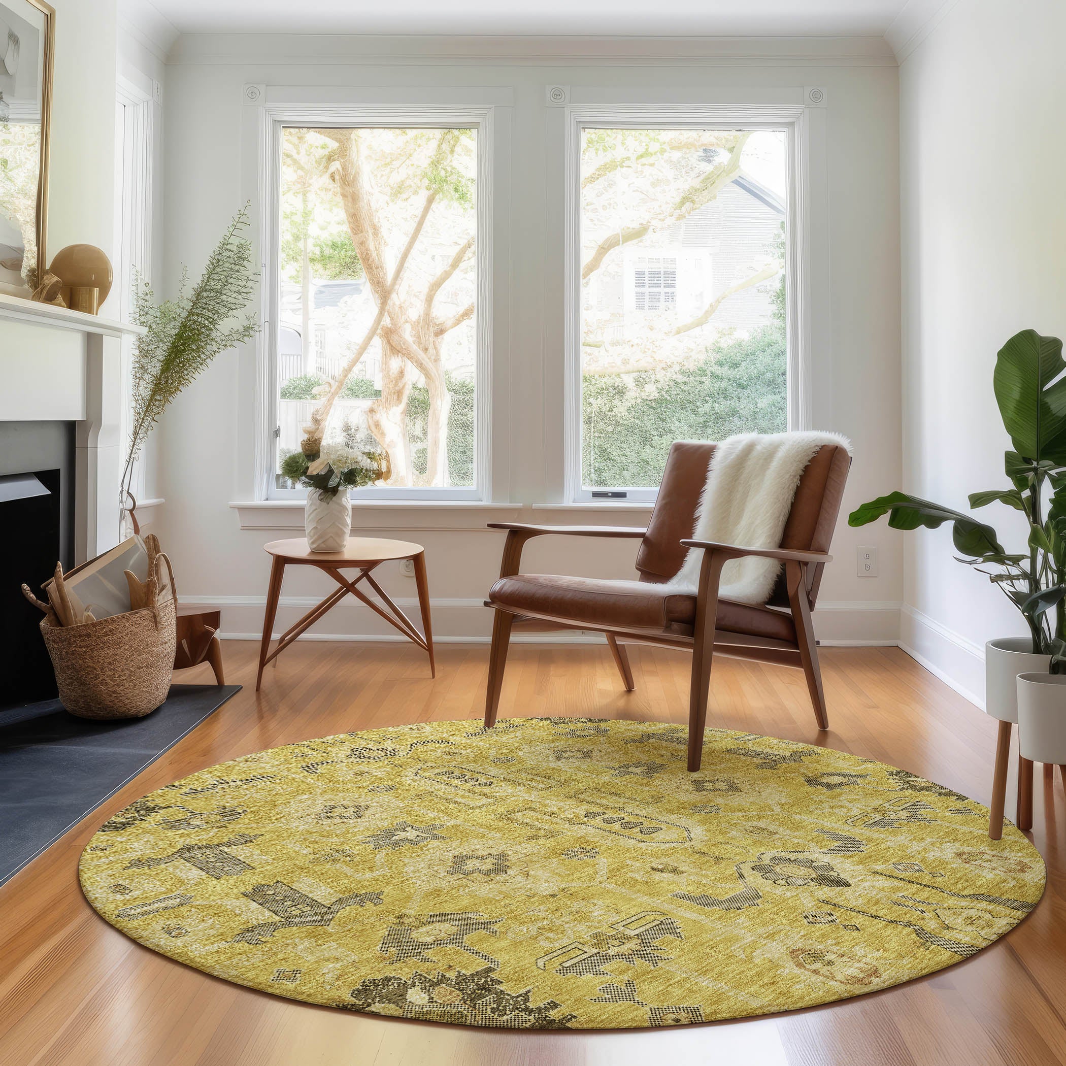 Hoi An Machine Washable Traditional Gold Rug 8' x 8' #shape_Round