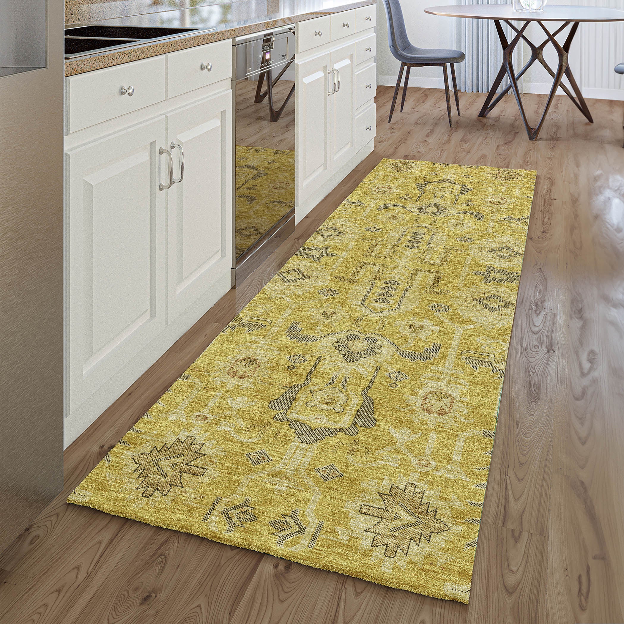 Hoi An Machine Washable Traditional Gold Rug 2'3" x 7'6" #shape_Runner