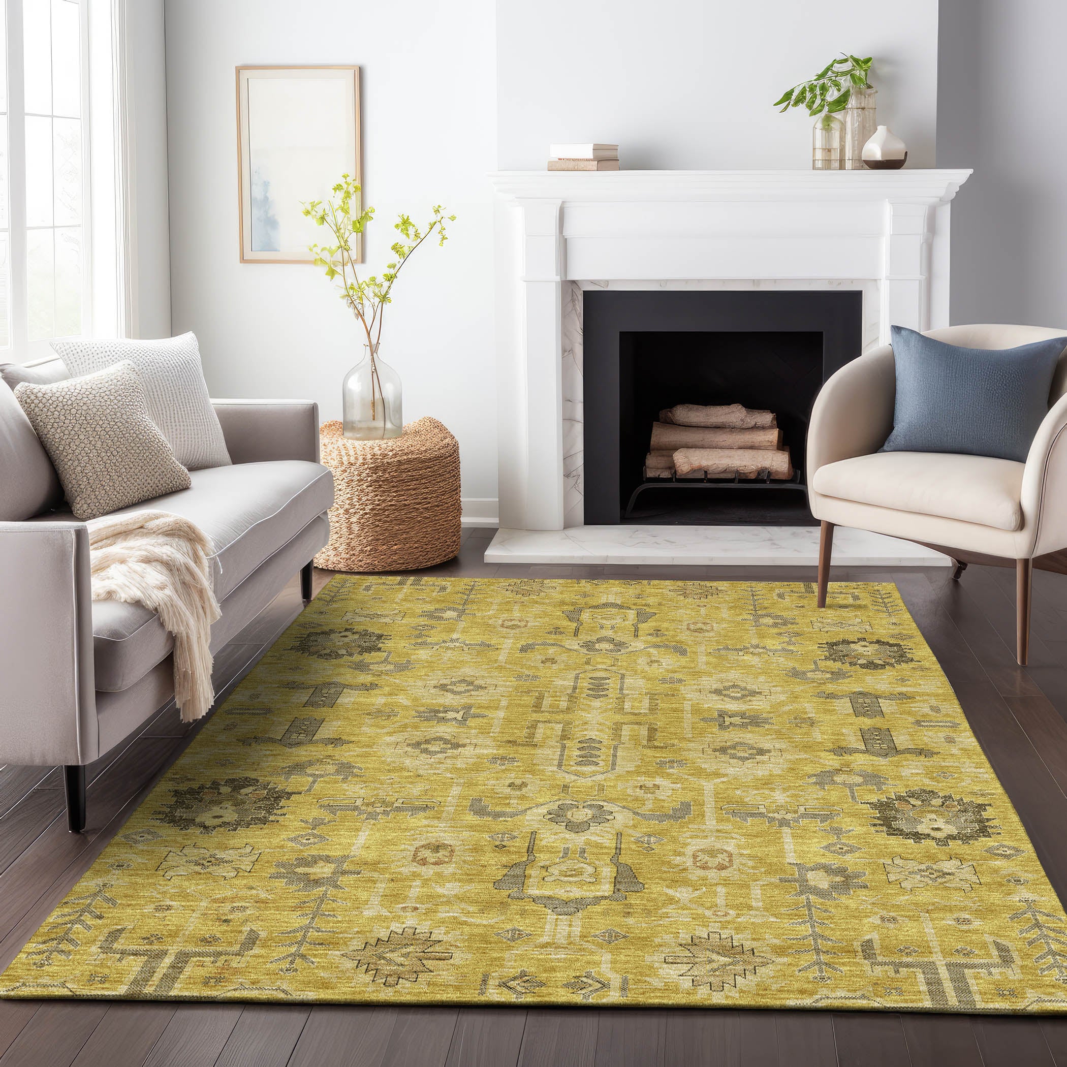 Hoi An Machine Washable Traditional Gold Rug 2'6" x 3'10" #shape_Rectangle