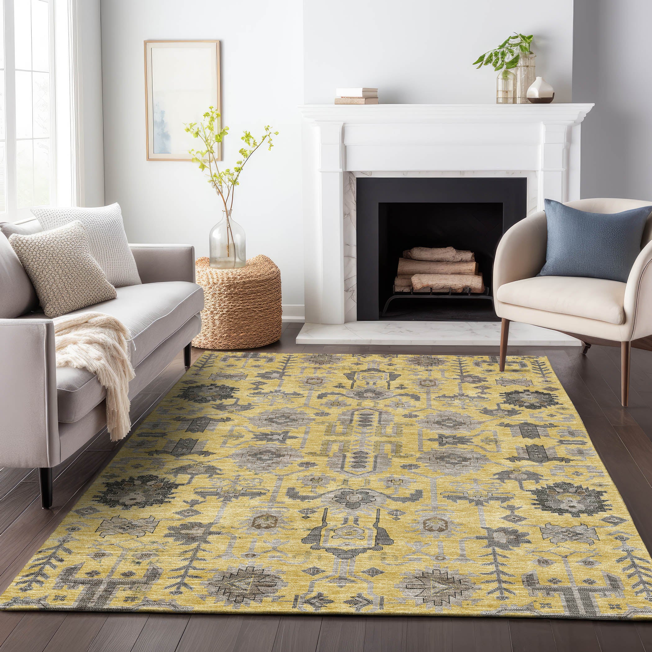 Hoi An Machine Washable Traditional Honey Gold Rug 2'6" x 3'10" #shape_Rectangle
