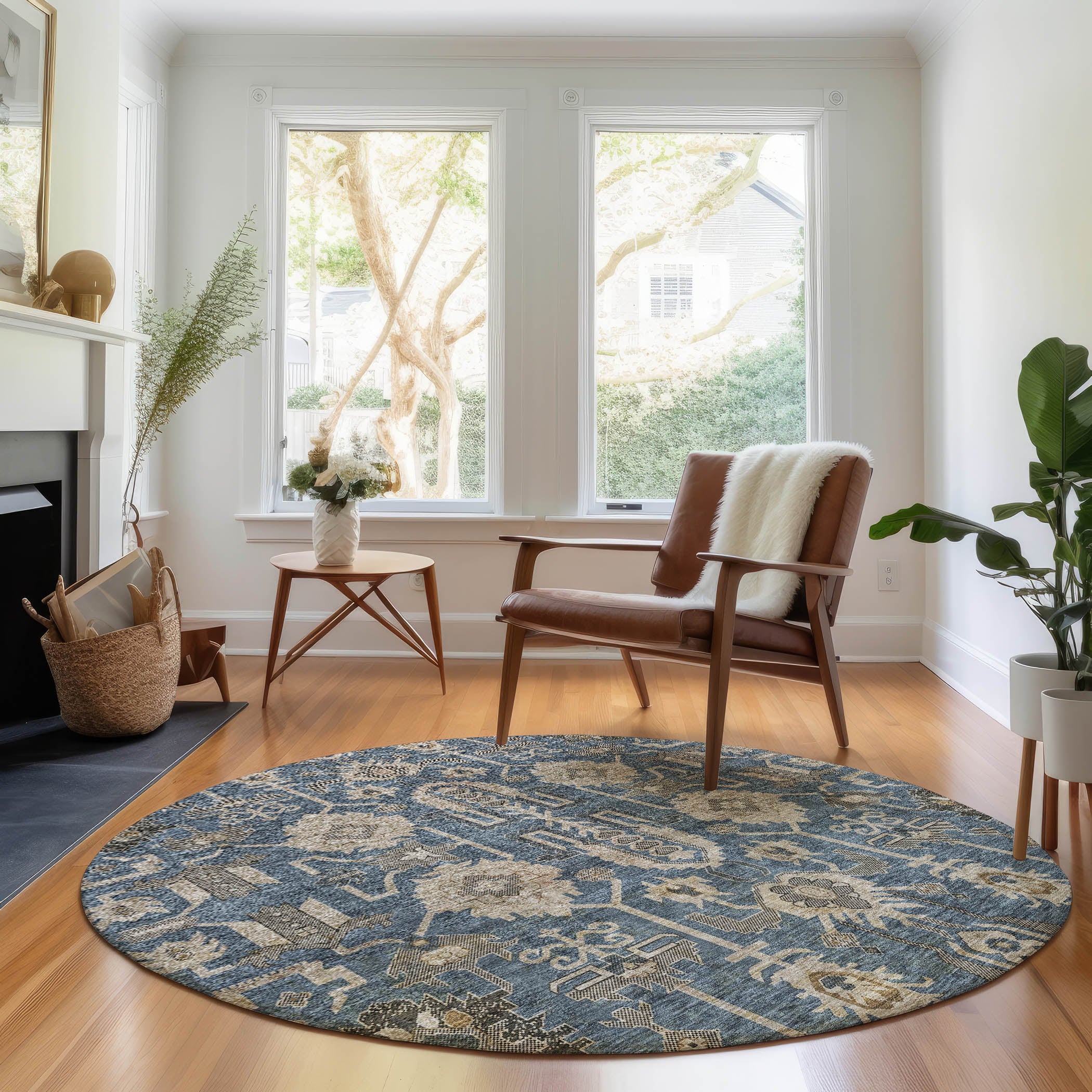 Hoi An Machine Washable Traditional Navy Blue Rug 8' x 8' #shape_Round