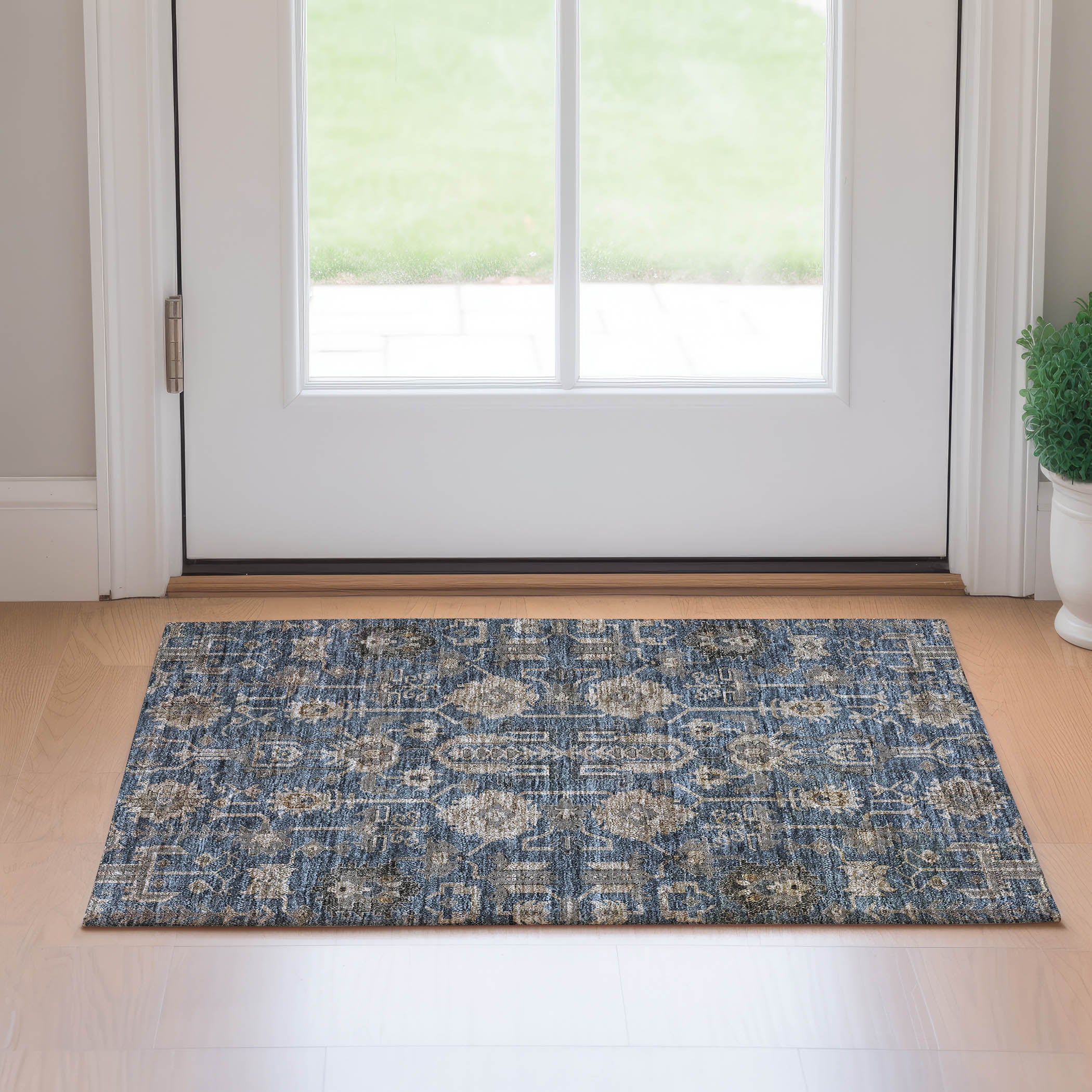 Hoi An Machine Washable Traditional Navy Blue Rug 1'8" x 2'6" #shape_Rectangle