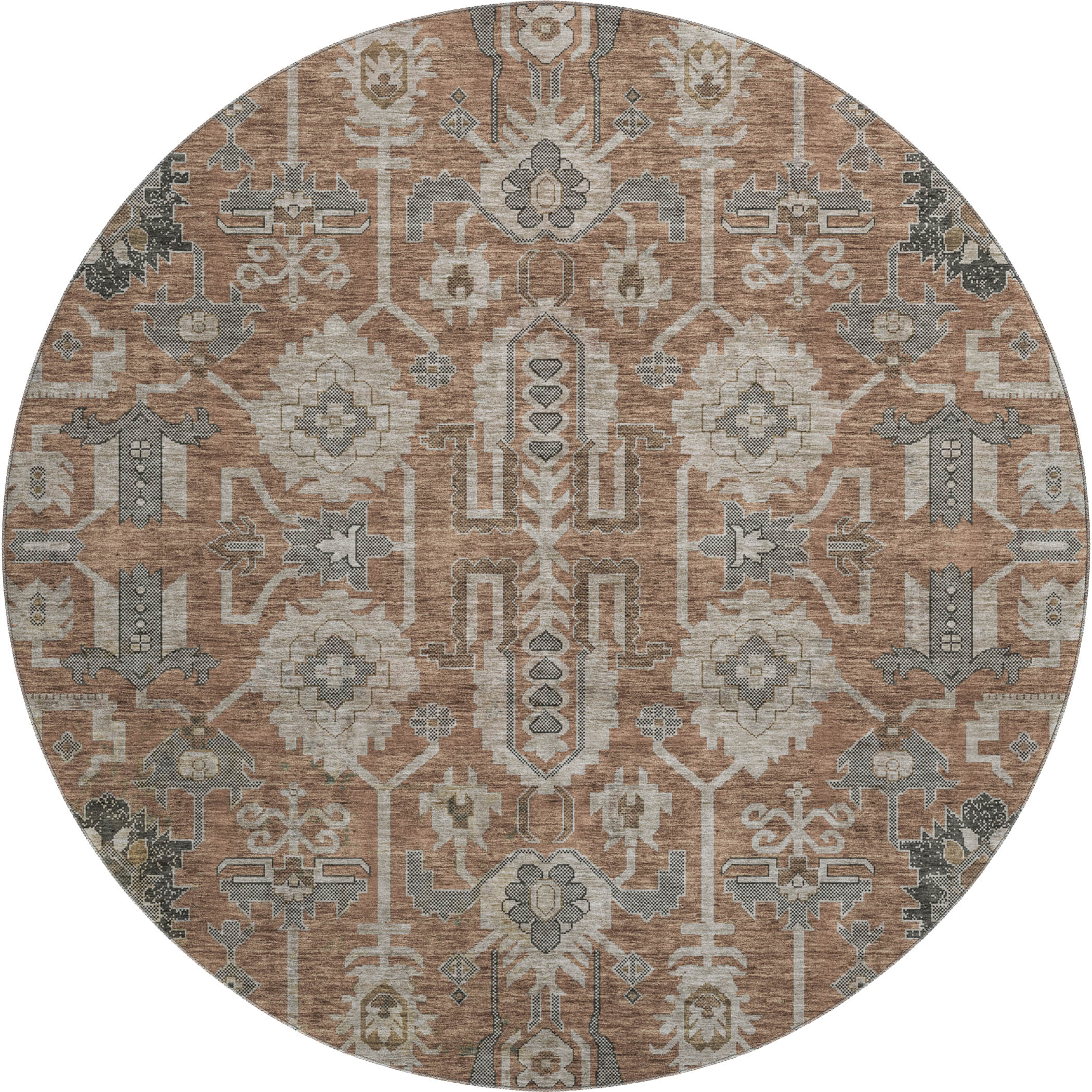 Hoi An Machine Washable Traditional Paprika Orange Rug 8' x 8' #shape_Round