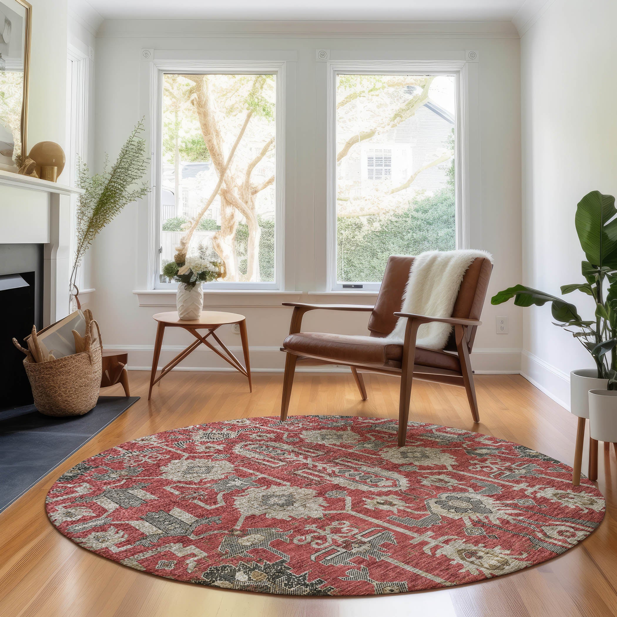 Hoi An Machine Washable Traditional Red Rug 8' x 8' #shape_Round