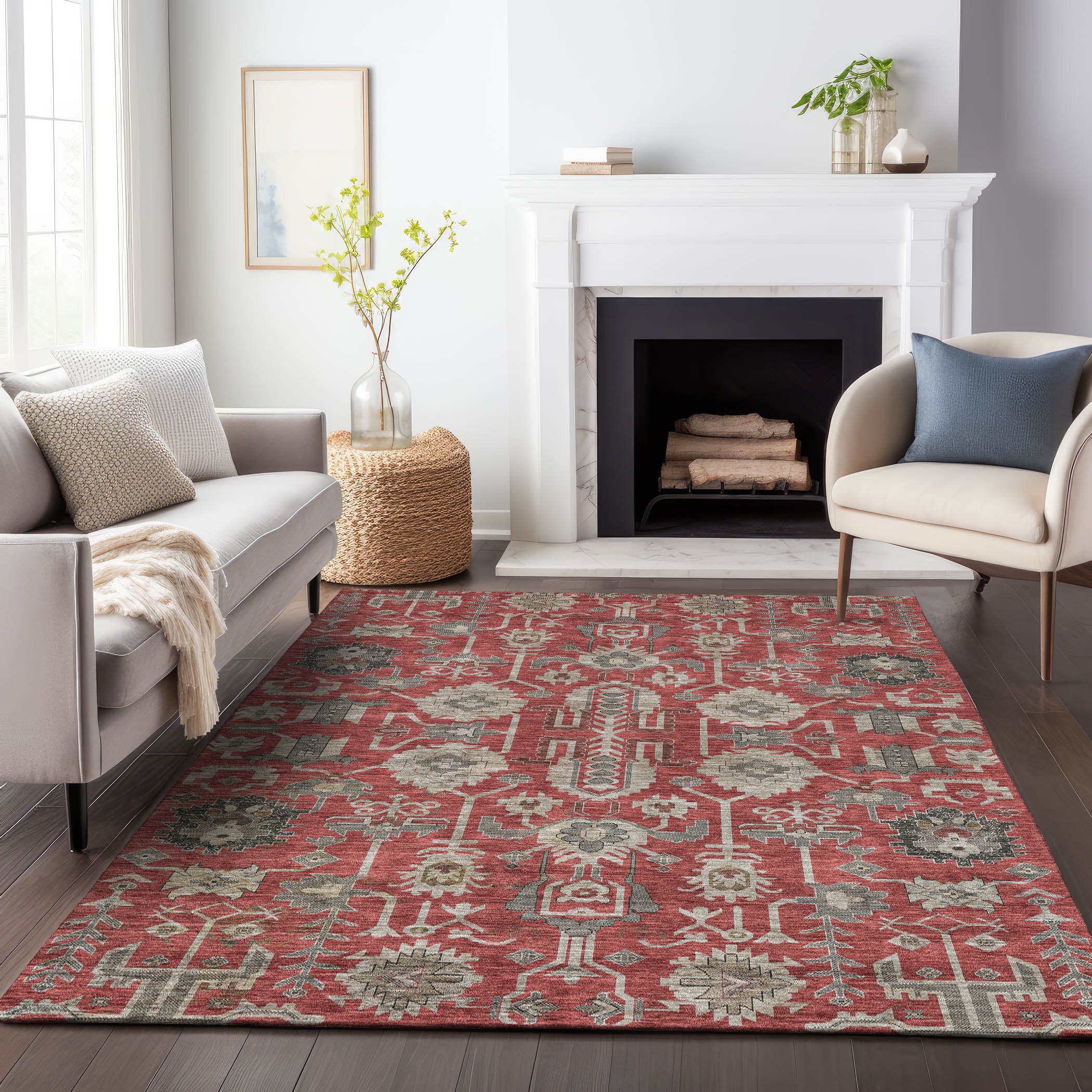 Hoi An Machine Washable Traditional Red Rug 2'6" x 3'10" #shape_Rectangle