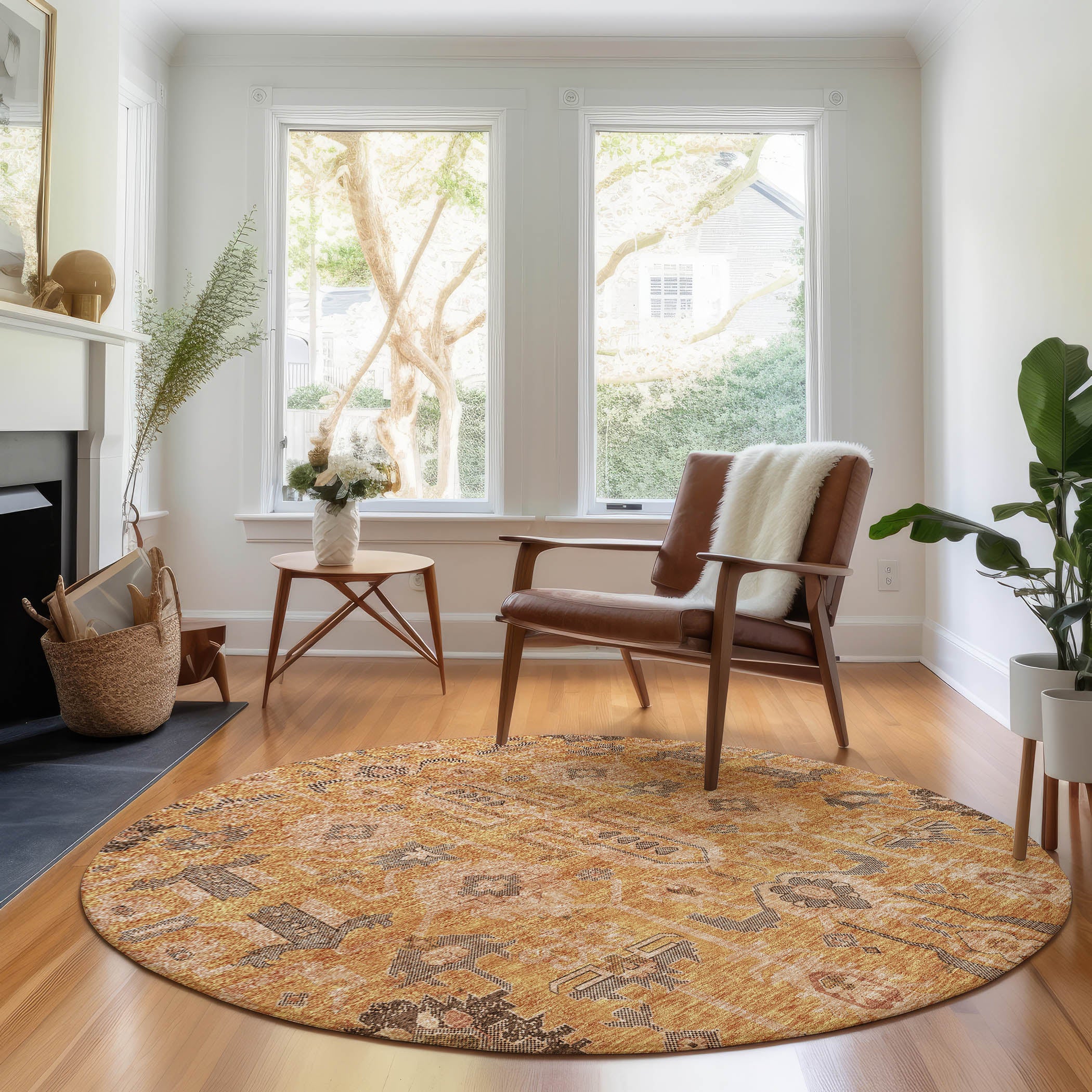 Hoi An Machine Washable Traditional Terracotta Orange Rug 8' x 8' #shape_Round