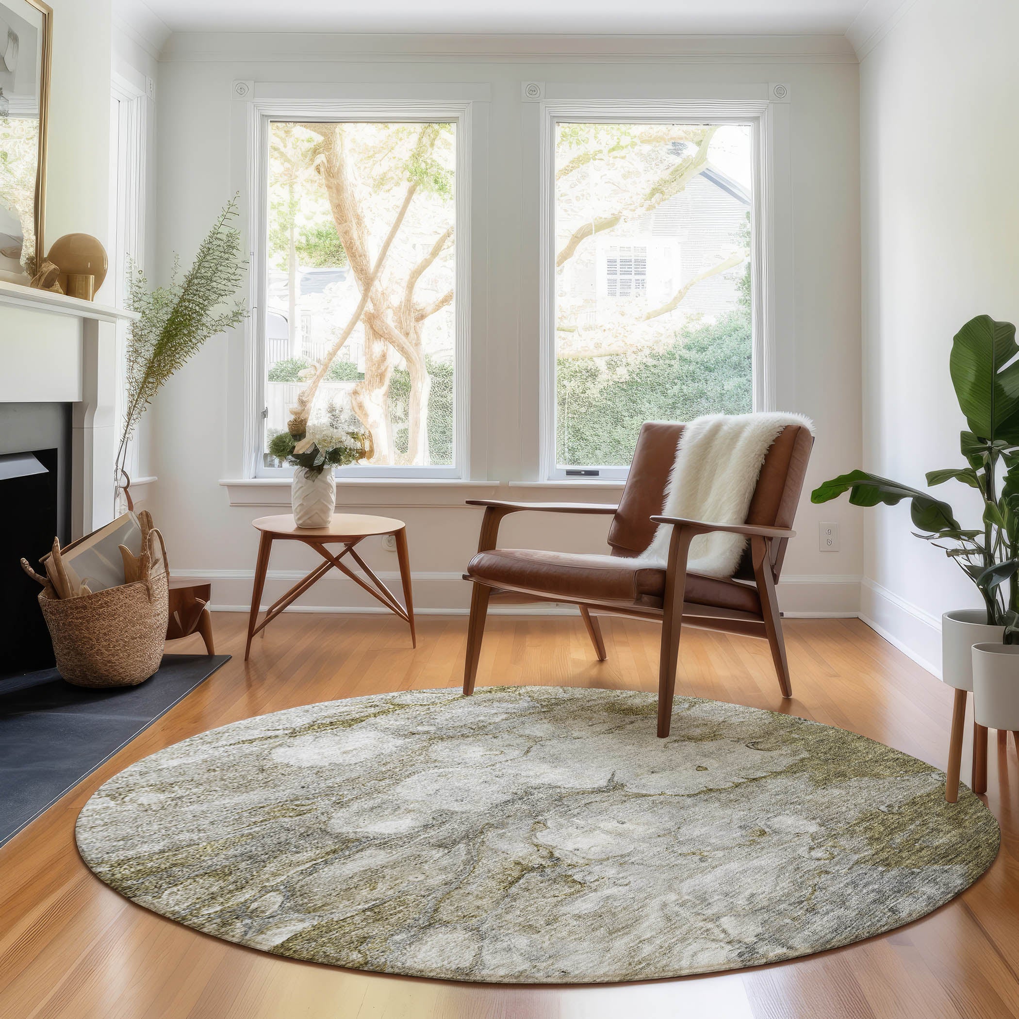 Chiang Mai Machine Washable Transitional Brown Rug 8' x 8' #shape_Round