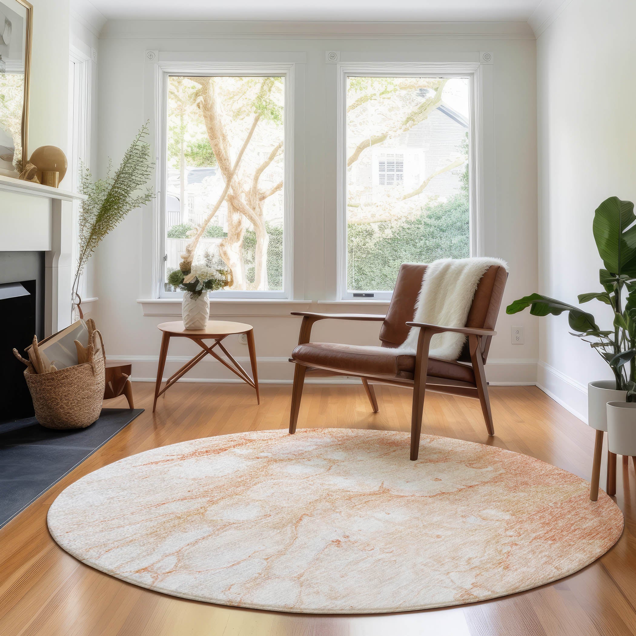 Havana Machine Washable Transitional Coral Orange Rug 8' x 8' #shape_Round