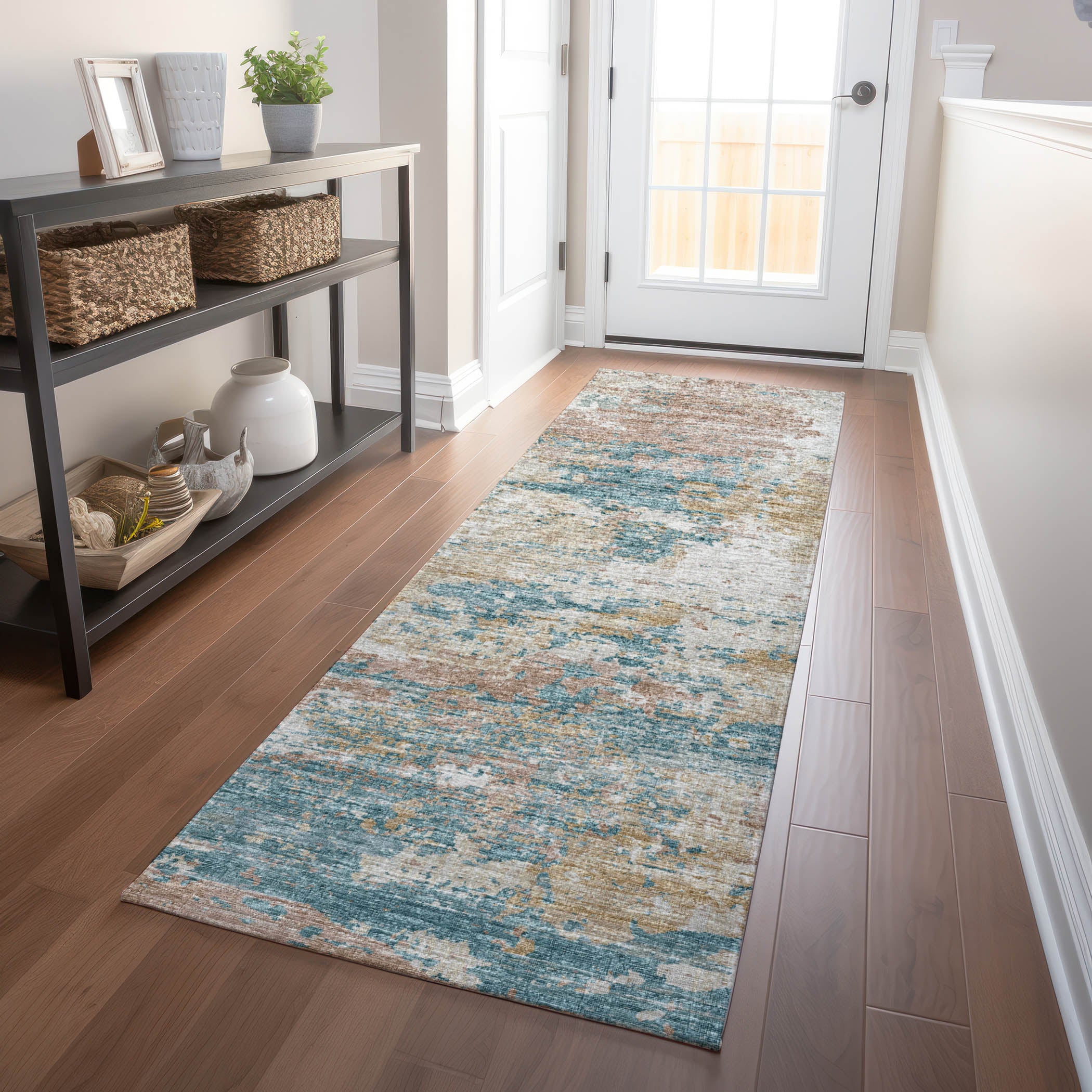 Dublin Machine Washable Transitional Teal Ivory Rug 2'3" x 7'6" #shape_Runner