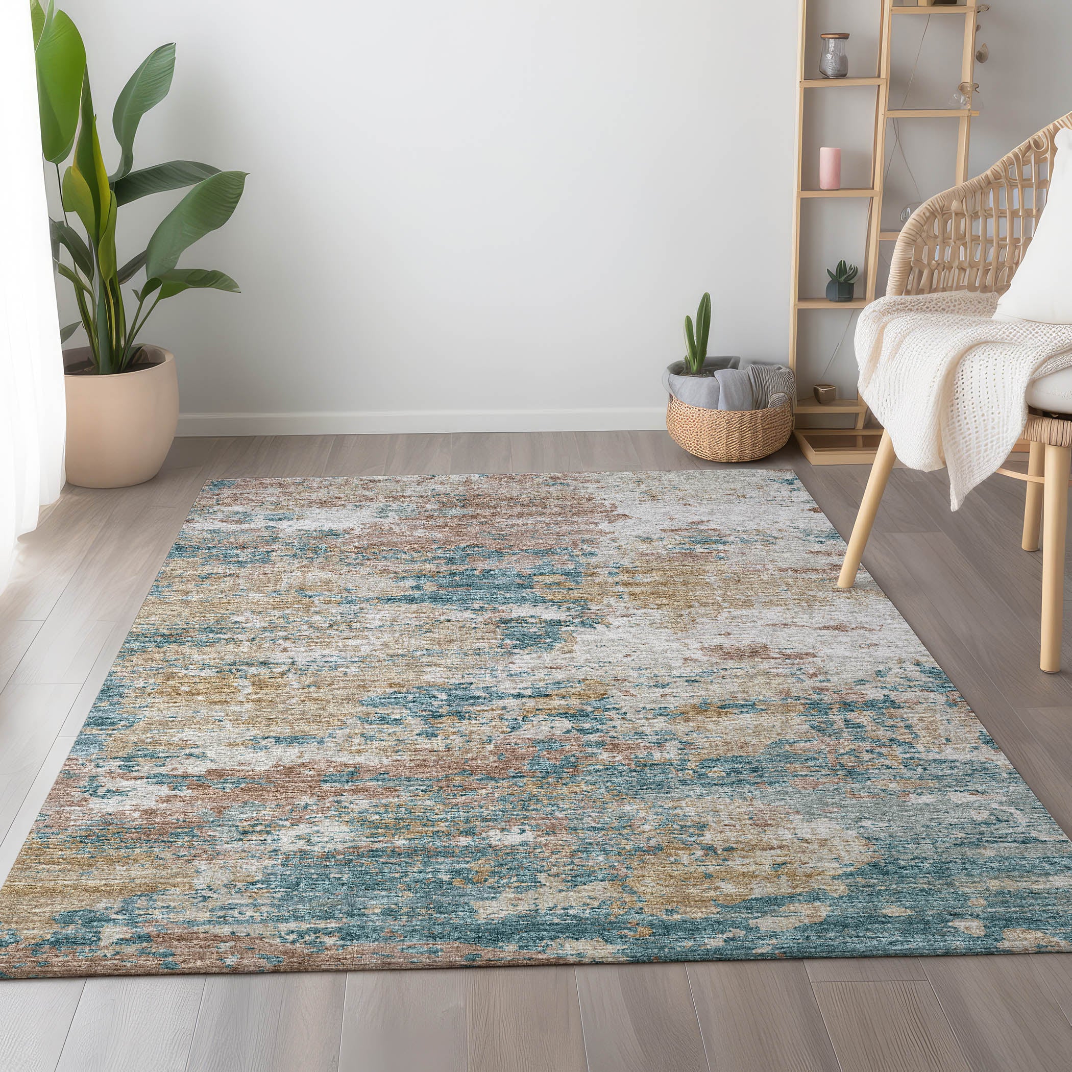 Dublin Machine Washable Transitional Teal Ivory Rug 2'6" x 3'10" #shape_Rectangle