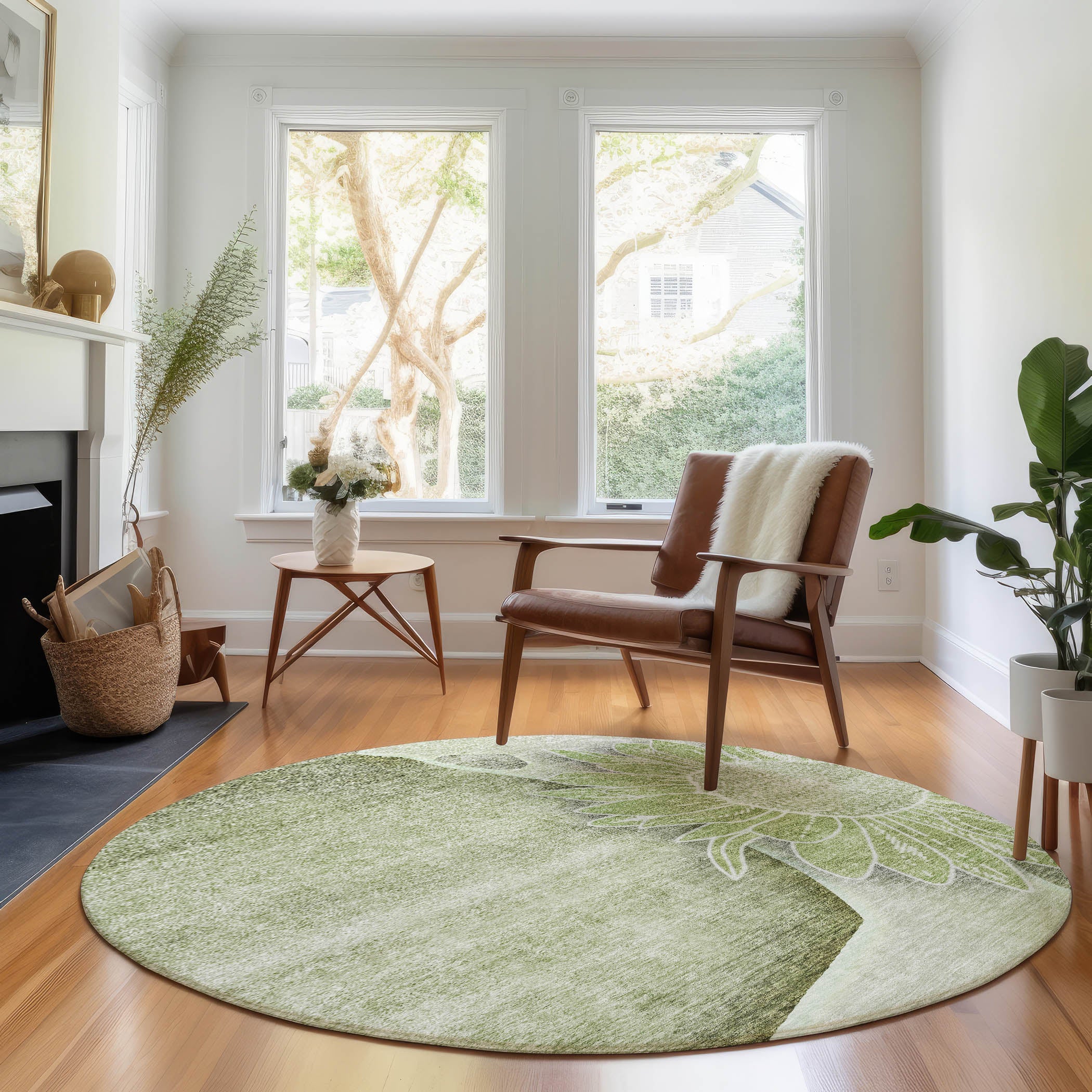 Oaxaca Machine Washable Transitional Aloe Green Rug 8' x 8' #shape_Round