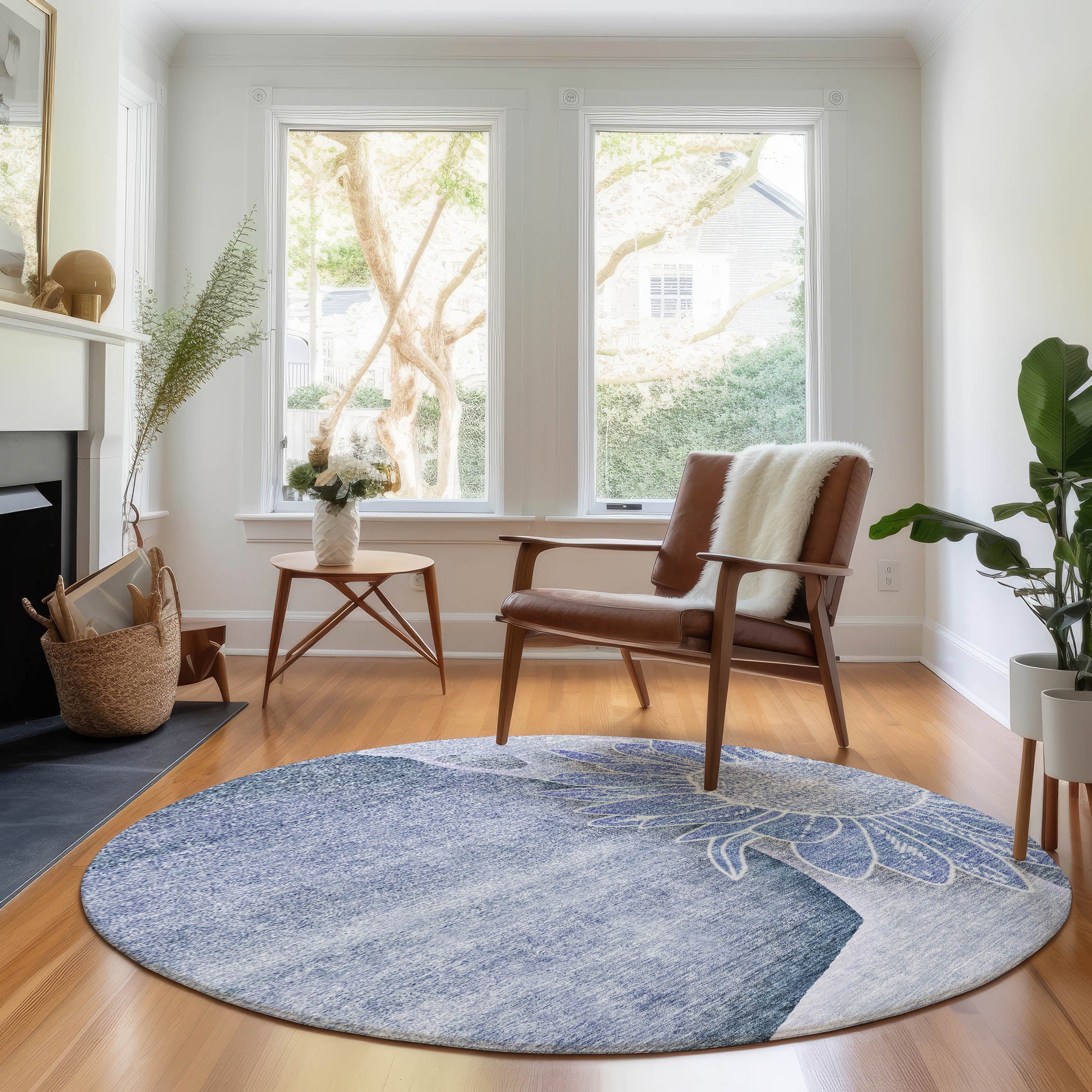 Oaxaca Machine Washable Transitional Blue Rug 8' x 8' #shape_Round