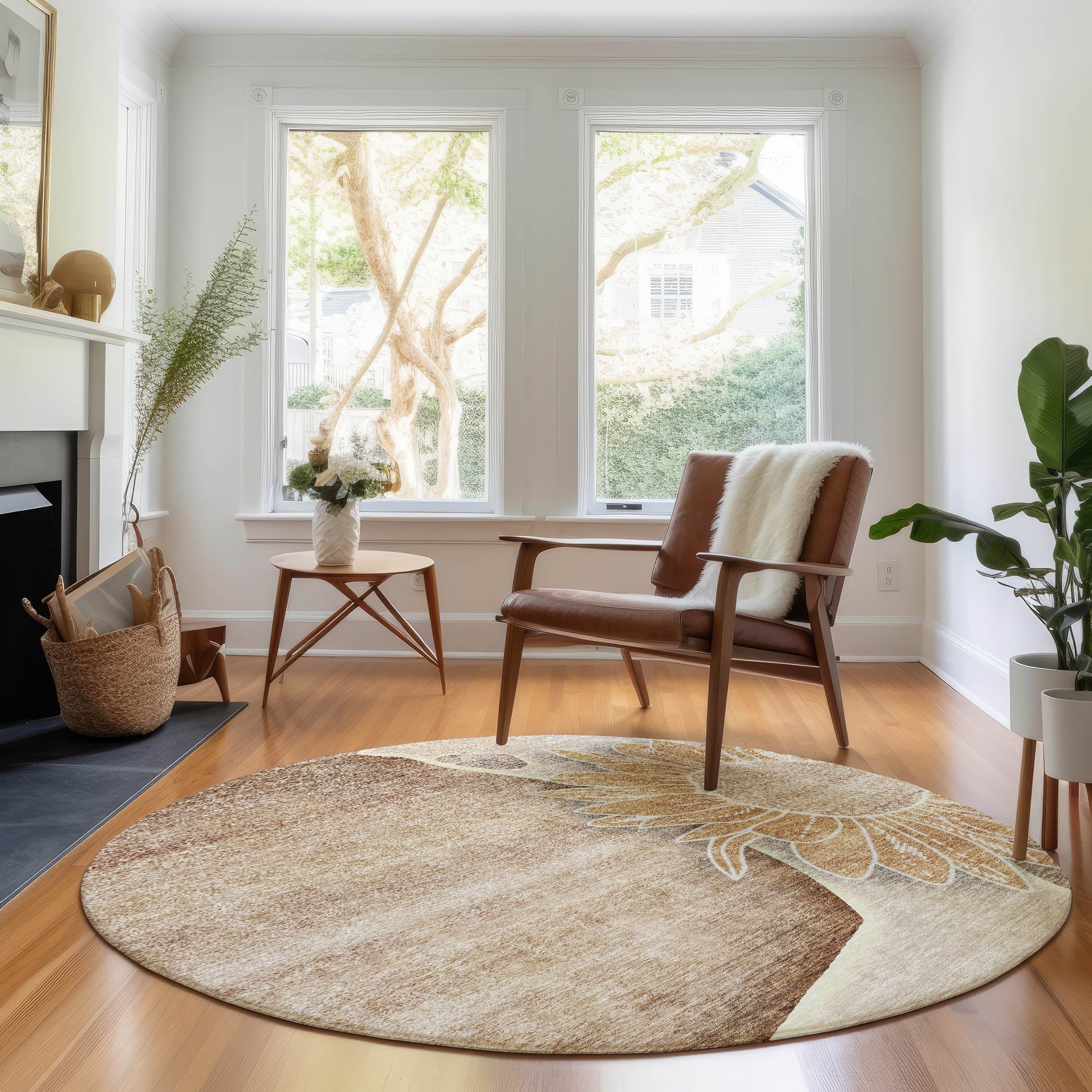 Oaxaca Machine Washable Transitional Brown Rug 8' x 8' #shape_Round