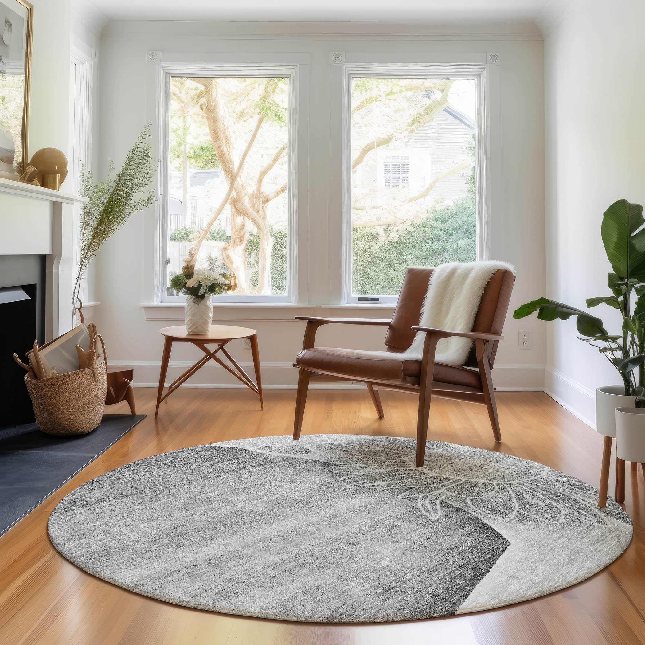 Oaxaca Machine Washable Transitional Gray Rug 8' x 8' #shape_Round