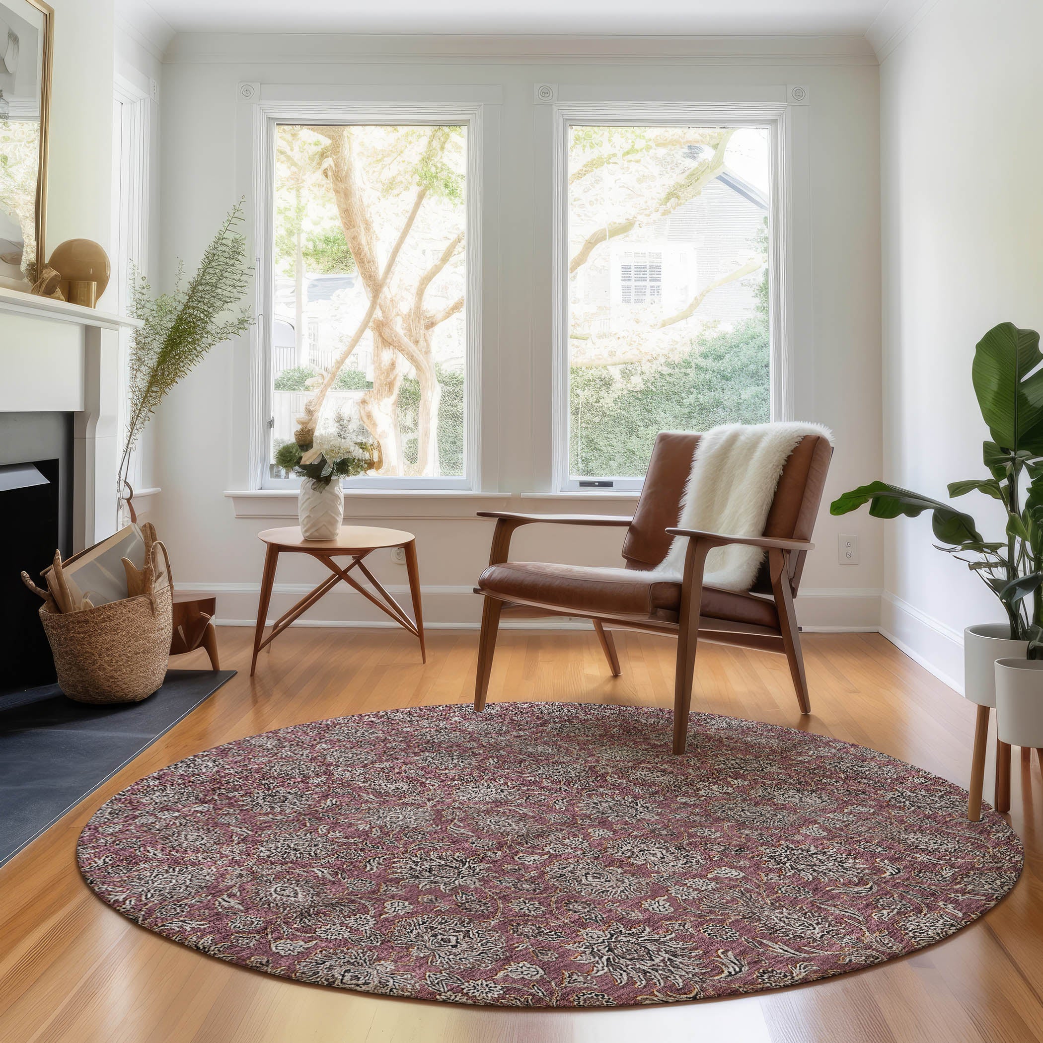 Rome Machine Washable Transitional Merlot Red Rug 8' x 8' #shape_Round