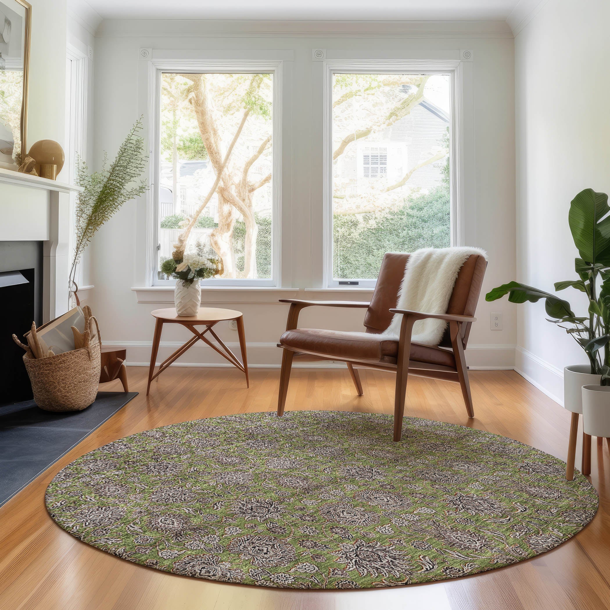 Rome Machine Washable Transitional Olive Green Rug 8' x 8' #shape_Round