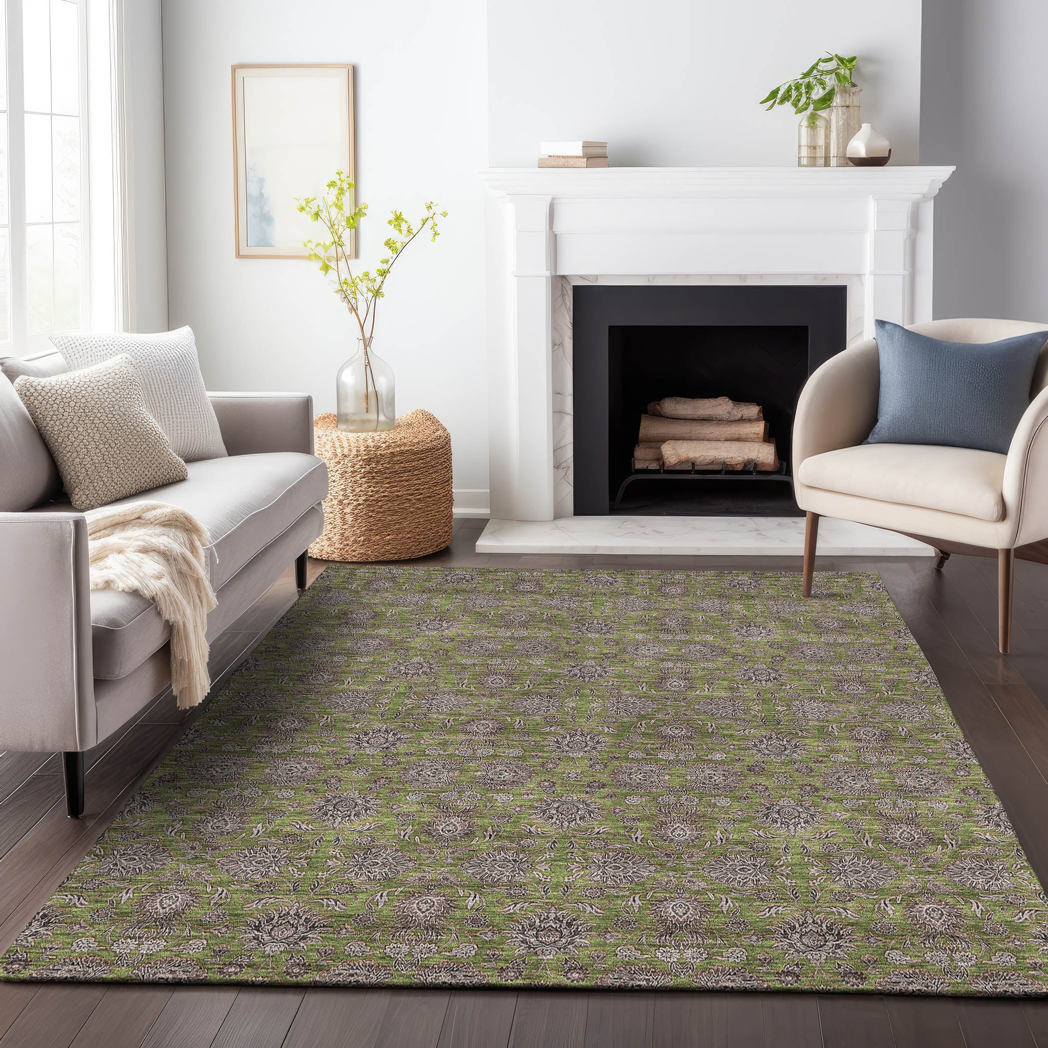 Rome Machine Washable Transitional Olive Green Rug 2'6" x 3'10" #shape_Rectangle