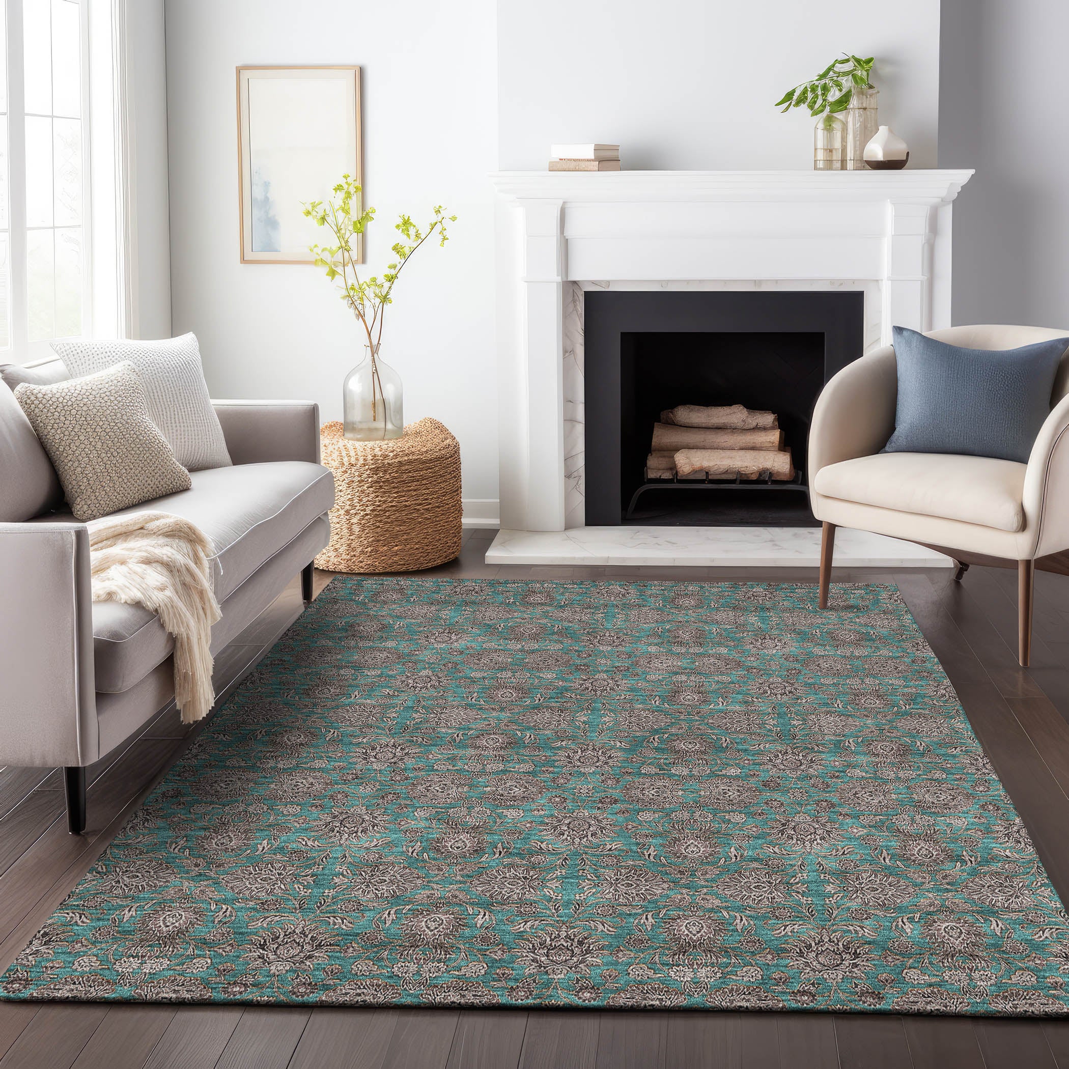 Rome Machine Washable Transitional Teal Rug 2'6" x 3'10" #shape_Rectangle