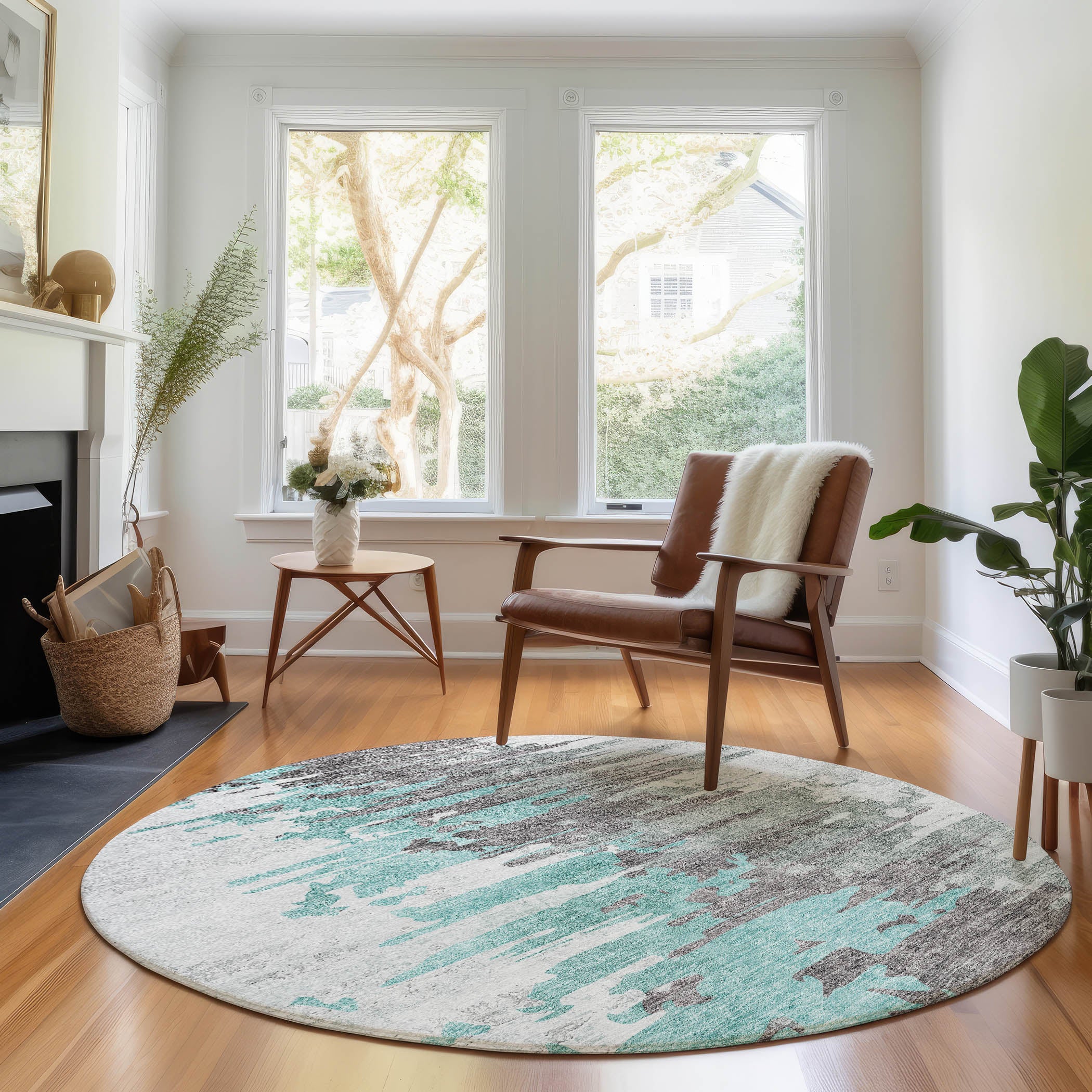 Siena Machine Washable Transitional Teal Rug 8' x 8' #shape_Round