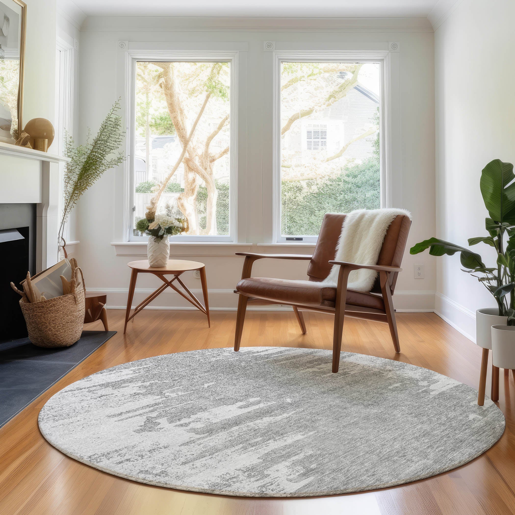 Kyoto Machine Washable Transitional Silver Gray Rug 8' x 8' #shape_Round