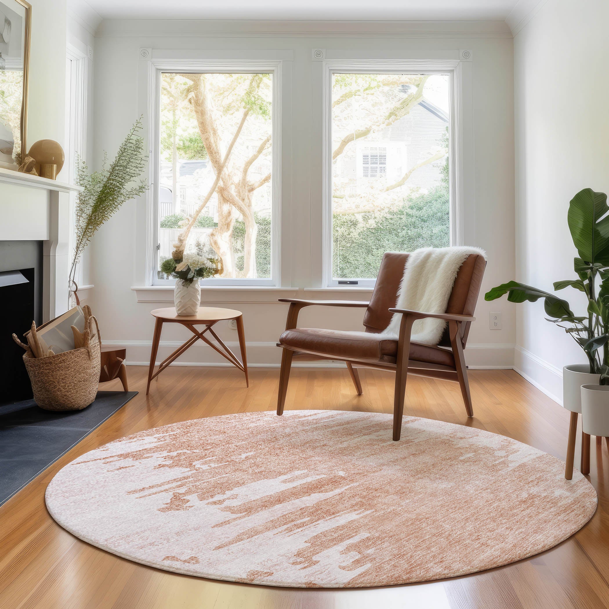 Kyoto Machine Washable Transitional Terracotta Orange Rug 8' x 8' #shape_Round