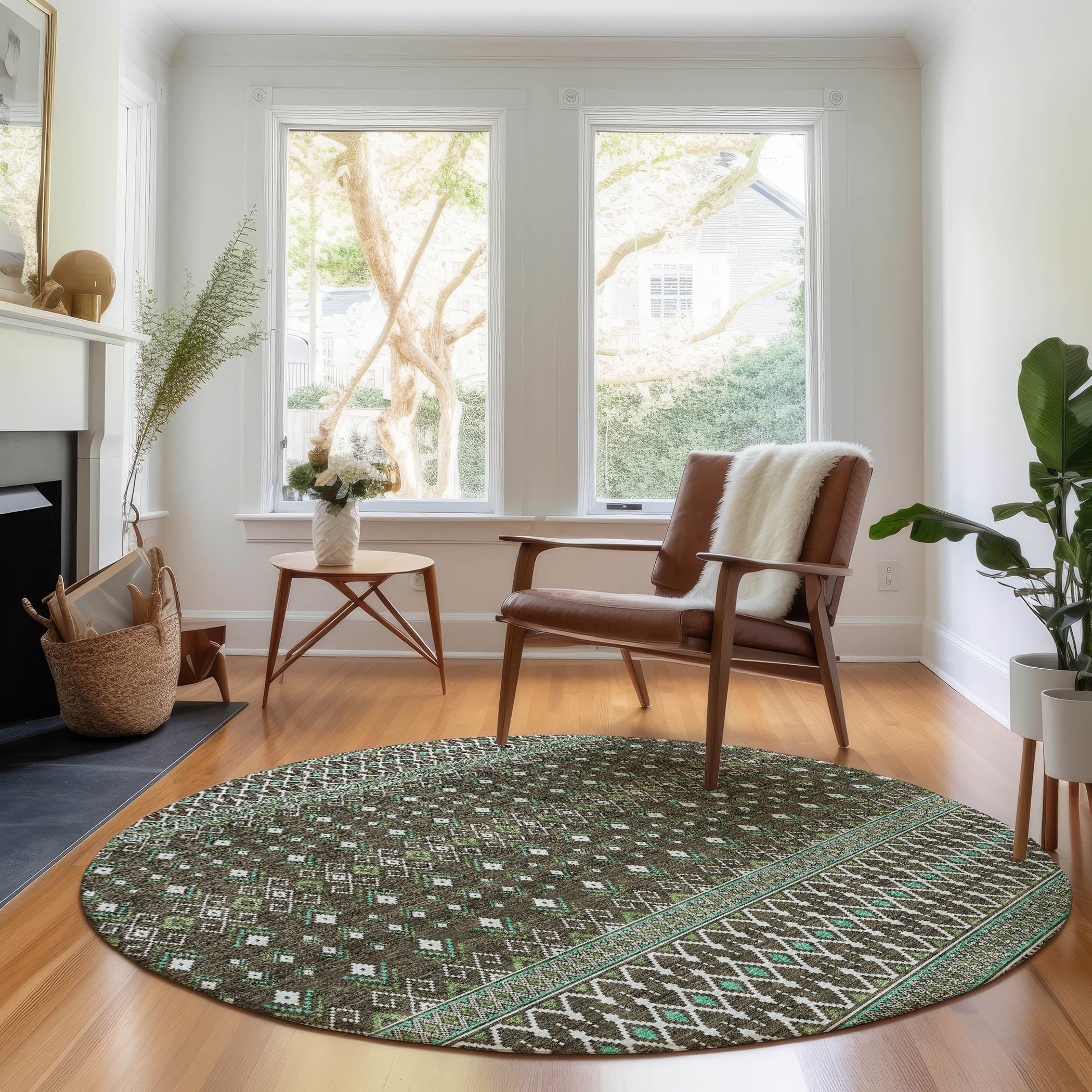 Split Machine Washable Transitional Brown Rug 8' x 8' #shape_Round