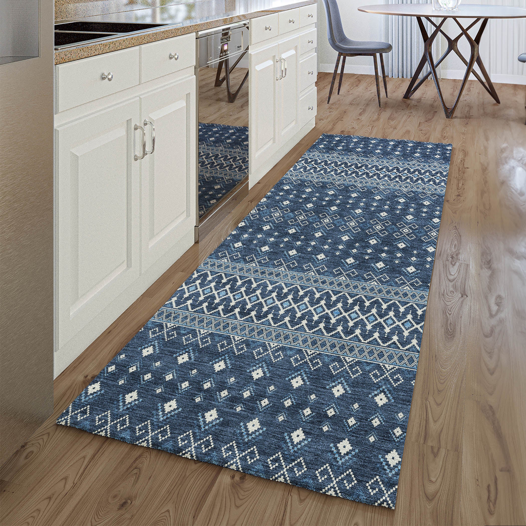 Split Machine Washable Transitional Navy Blue Rug 2'3" x 7'6" #shape_Runner
