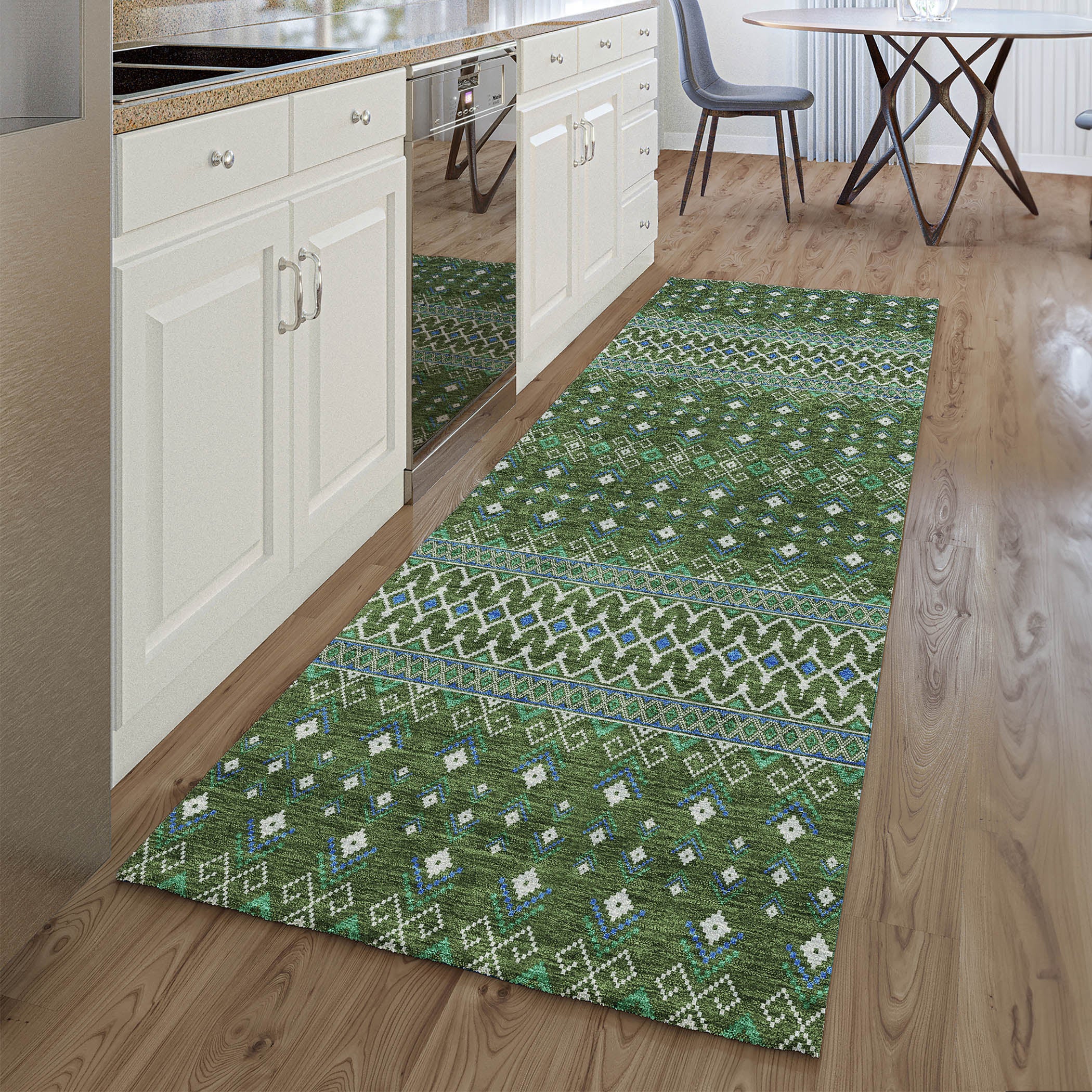 Split Machine Washable Transitional Olive Green Rug 2'3" x 7'6" #shape_Runner