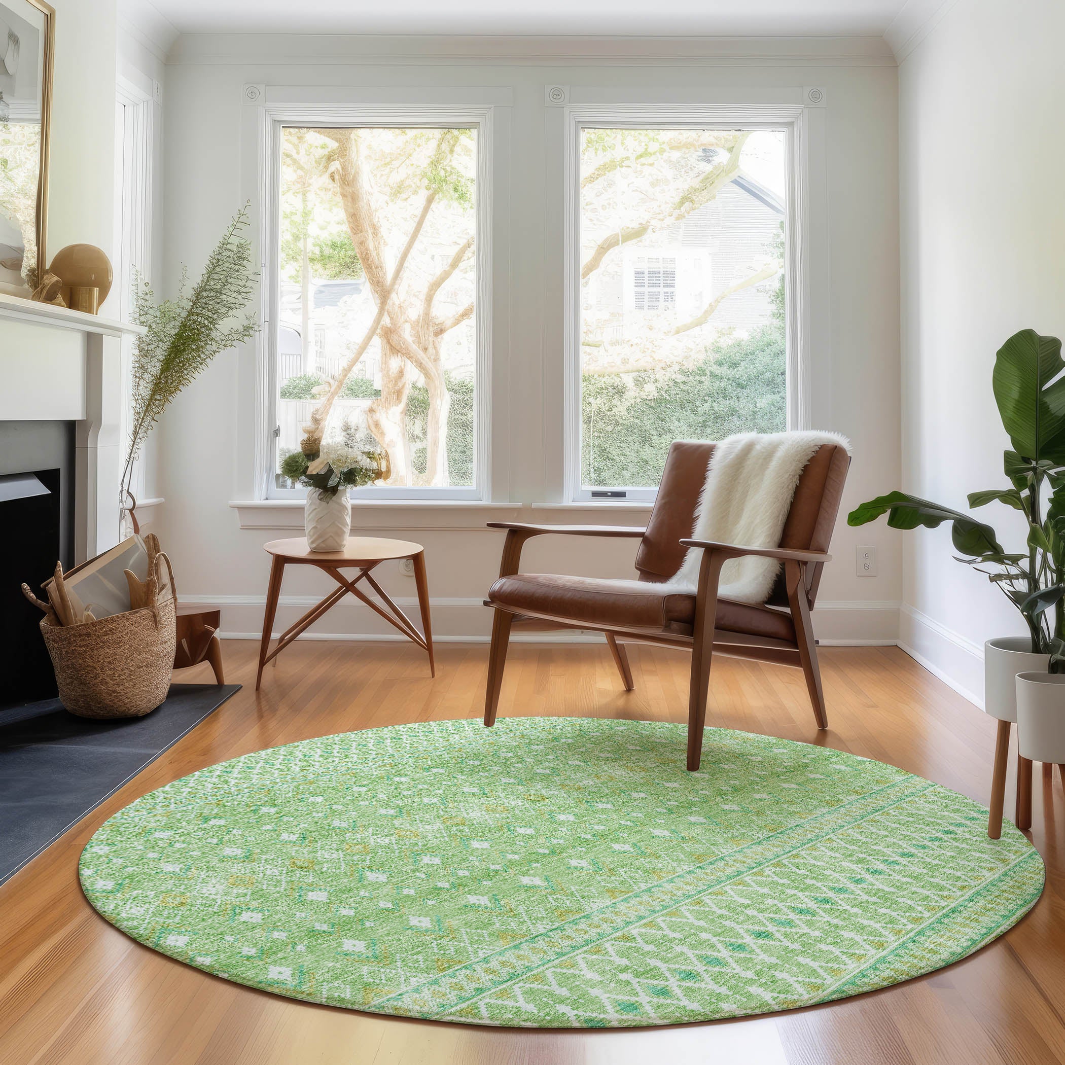 Oaxaca Machine Washable Transitional Aloe Green Rug 8' x 8' #shape_Round