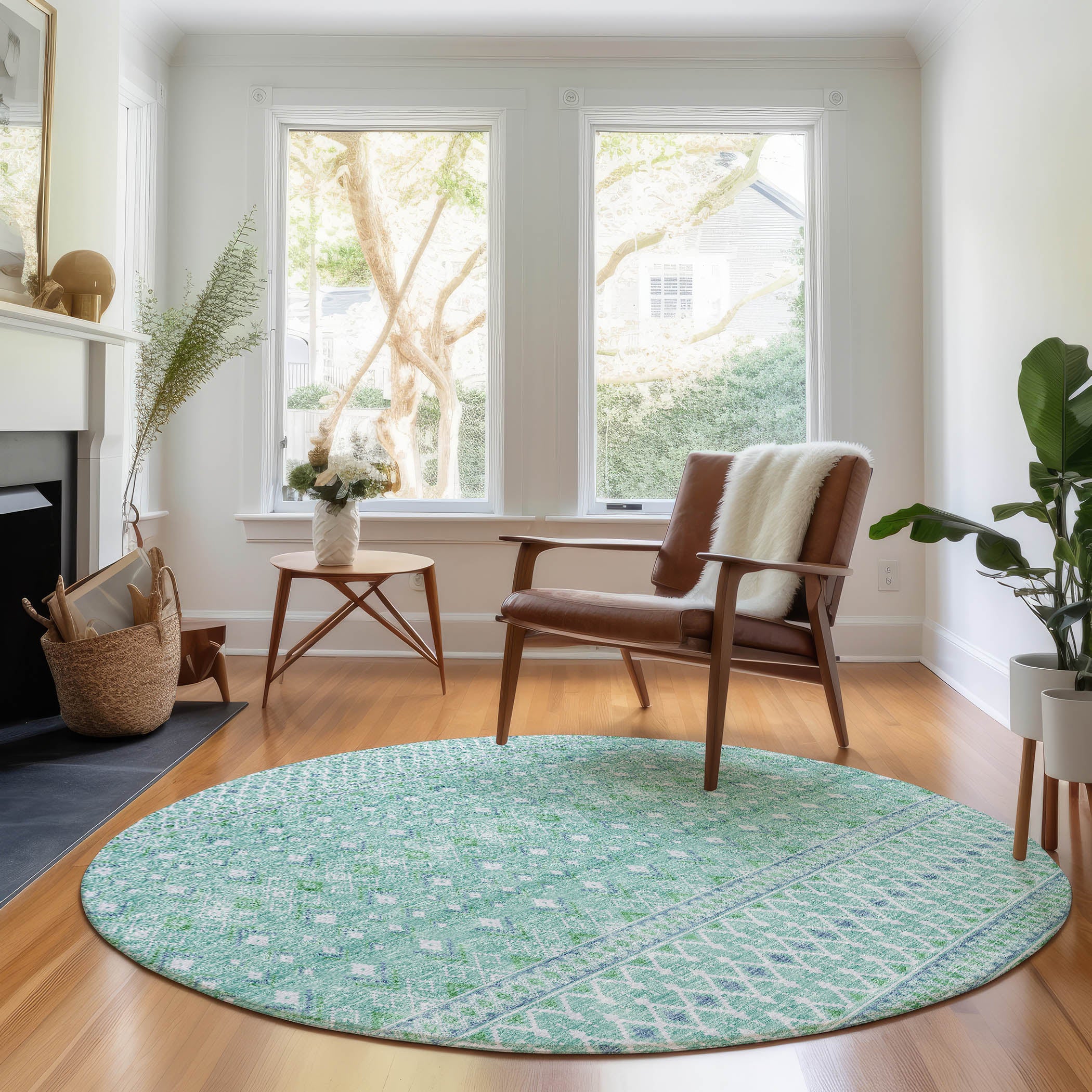 Oaxaca Machine Washable Transitional Aqua Teal Rug 8' x 8' #shape_Round