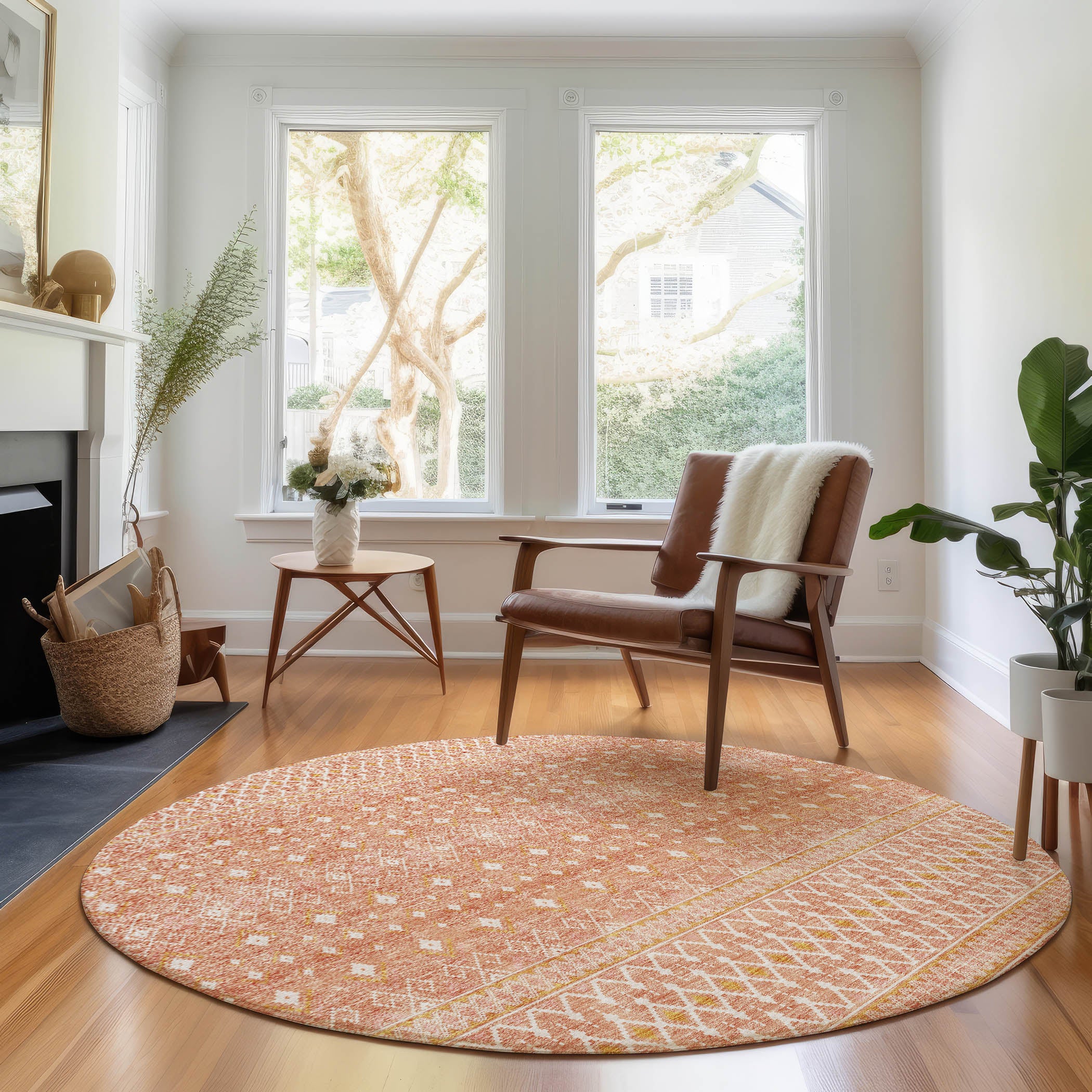 Oaxaca Machine Washable Transitional Salmon Orange Rug 8' x 8' #shape_Round