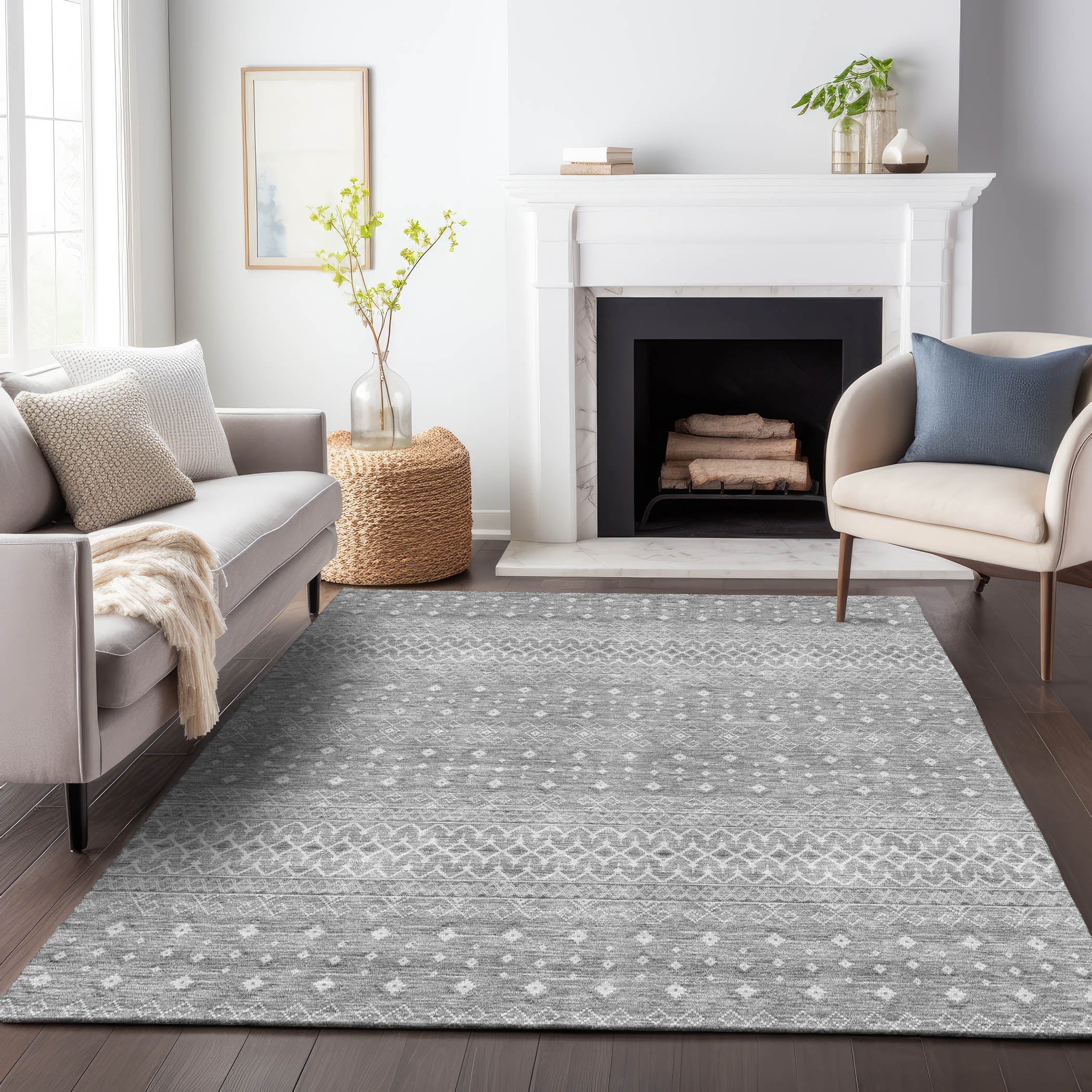 Oaxaca Machine Washable Transitional Silver Gray Rug 2'6" x 3'10" #shape_Rectangle
