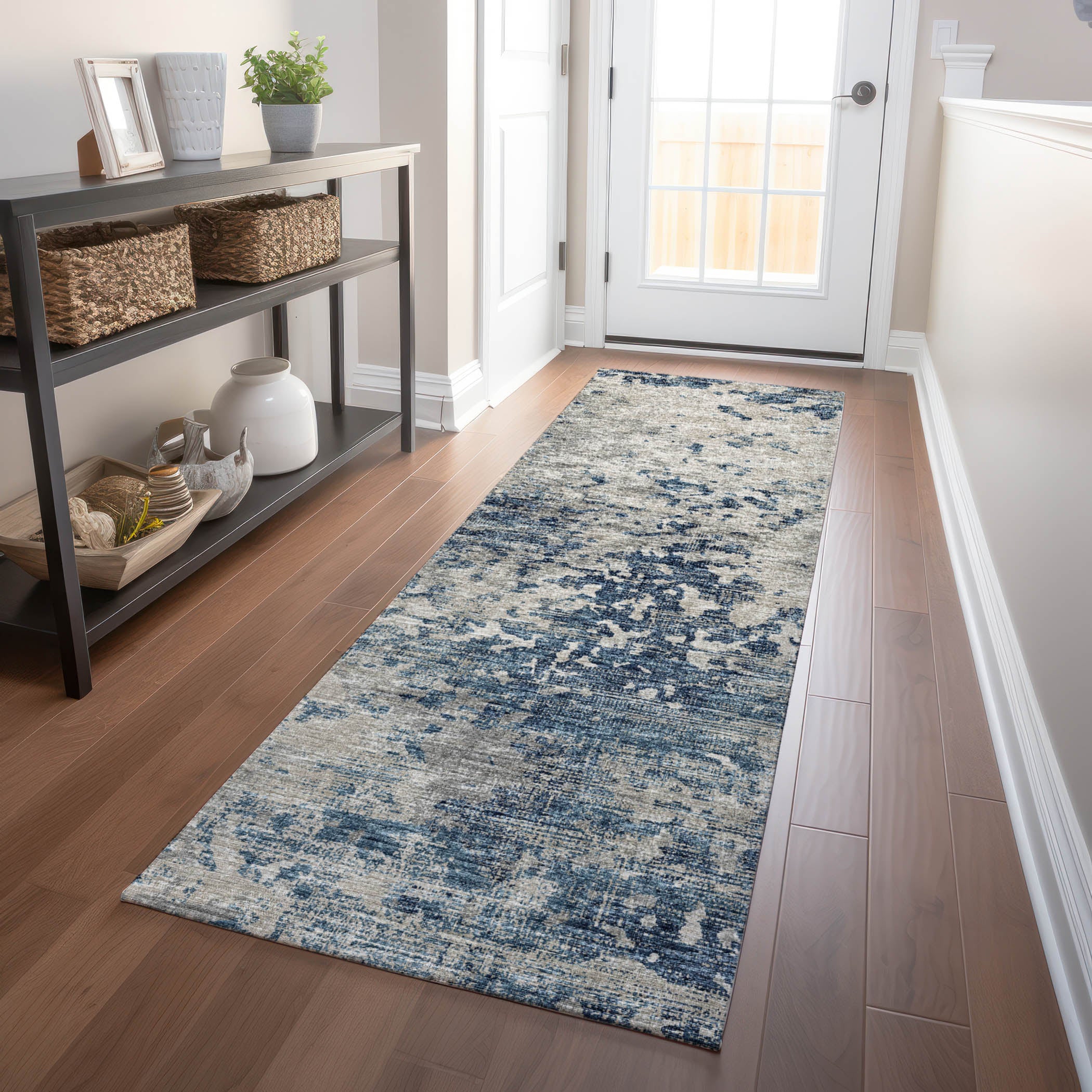 Mdina Machine Washable Transitional Blue Navy Rug 2'3" x 7'6" #shape_Runner